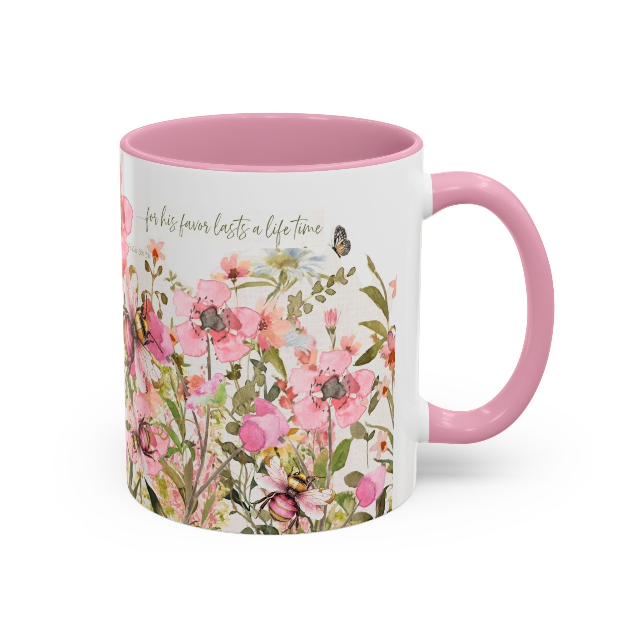 Pink Watercolor Wildflowers Mug | Butterfly Accent Scripture Coffee Cup Gift for Her