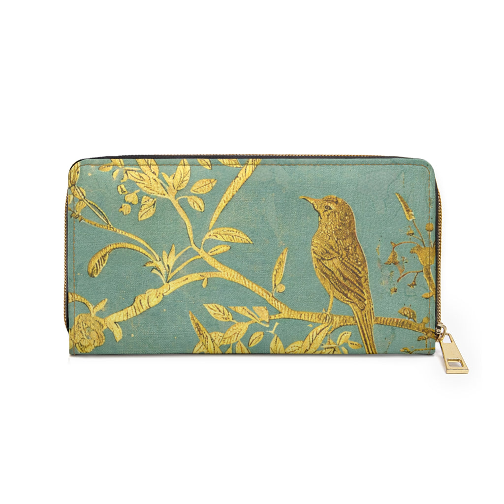 Gold Bird Branch print Zipper Wallet | Teal Botanical Pattern
