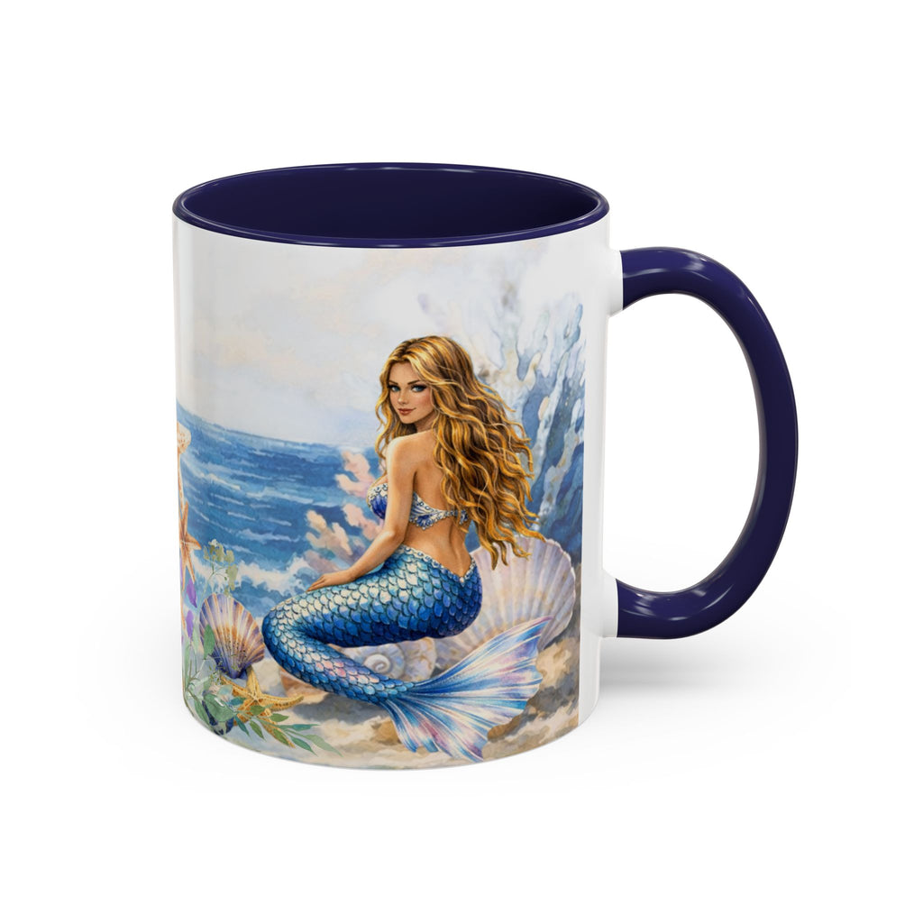 Mermaid Illustration Accent Coffee Mug | Seashells Starfish Ocean Scene