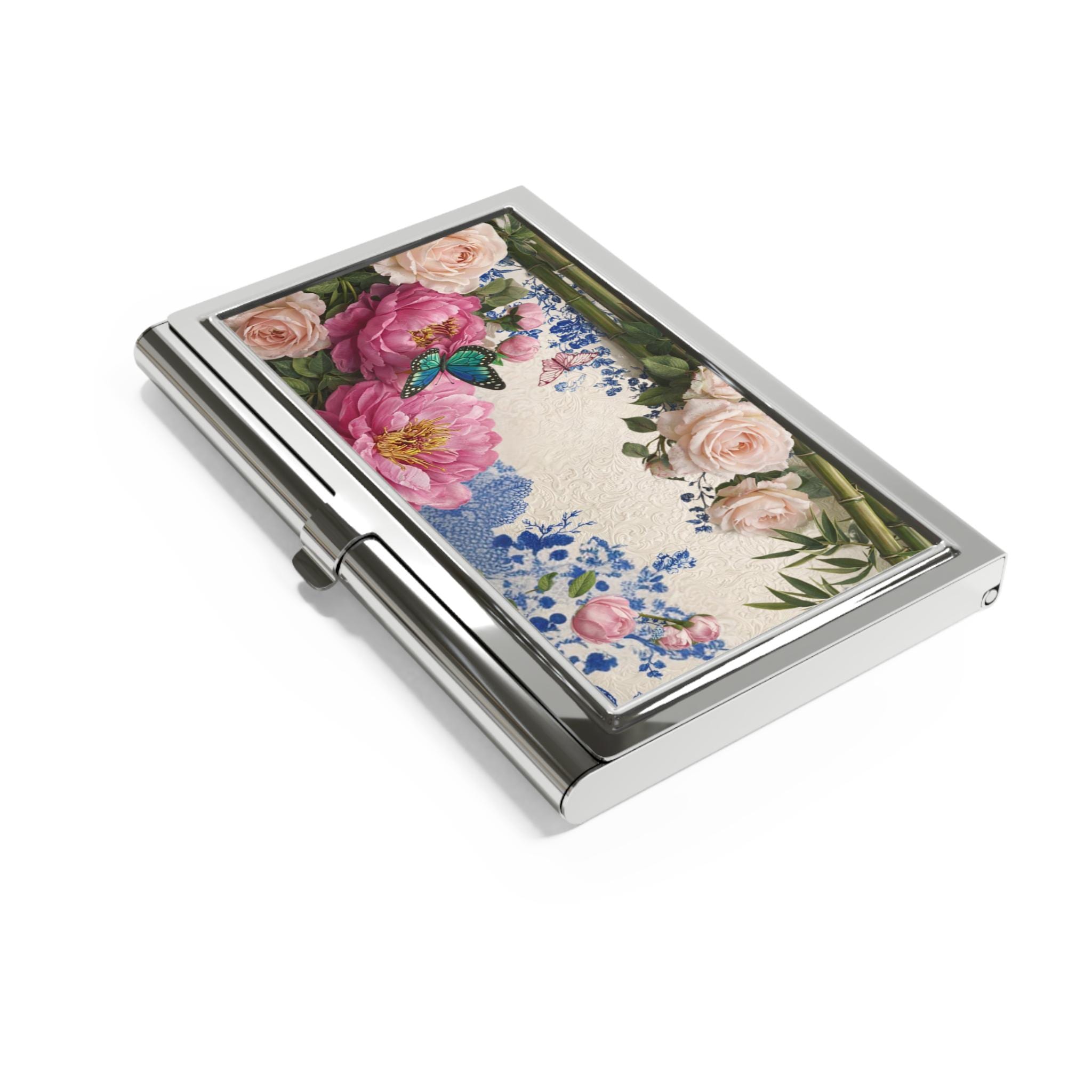 Pink Peonies and Butterfly Business Card Holder | Floral Metal Case