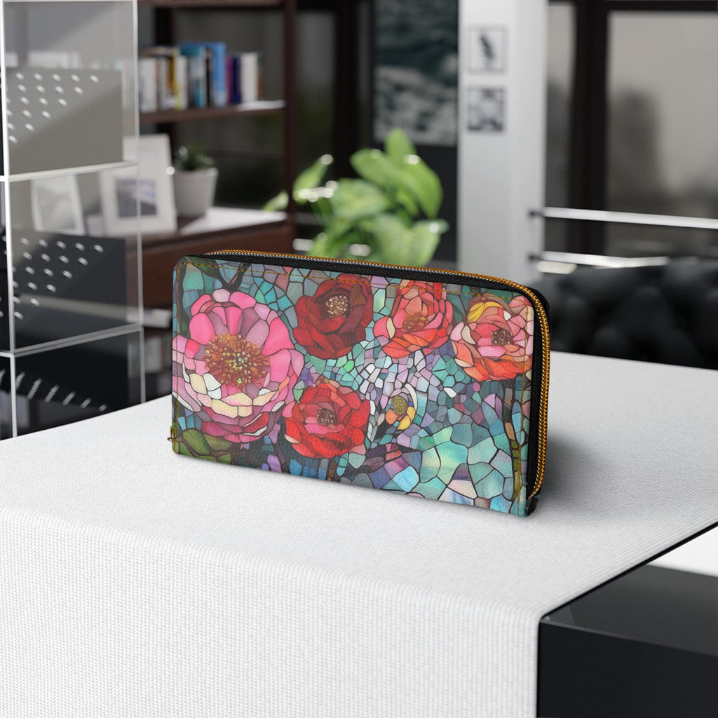 Mosaic Floral Wallet • Vegan Leather Zipper Clutch