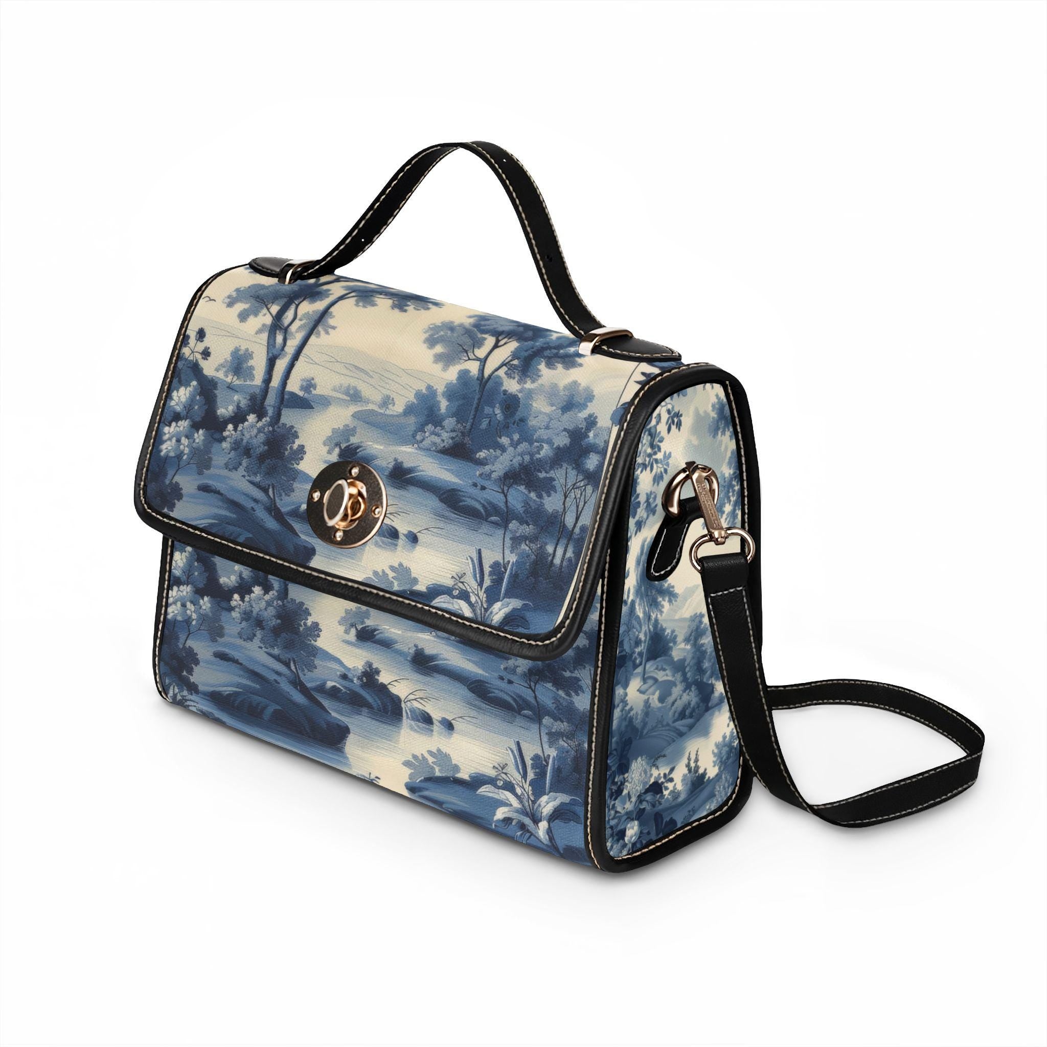 Blue Toile Landscape Waterproof Canvas Bag | Vintage Scenic Print