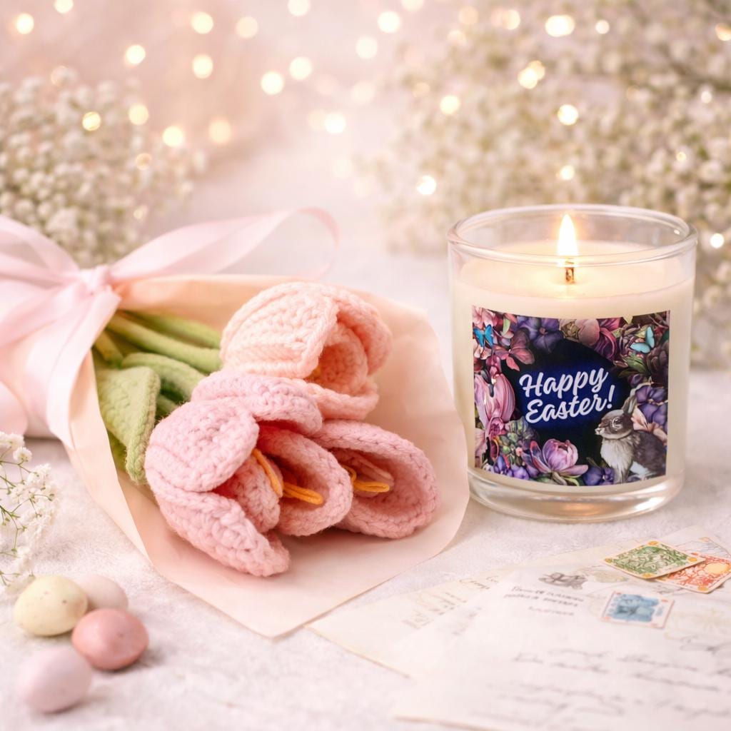 Easter Candle and Crocheted Flower Bouquet Gift Set | Soy Candle, Spring Décor