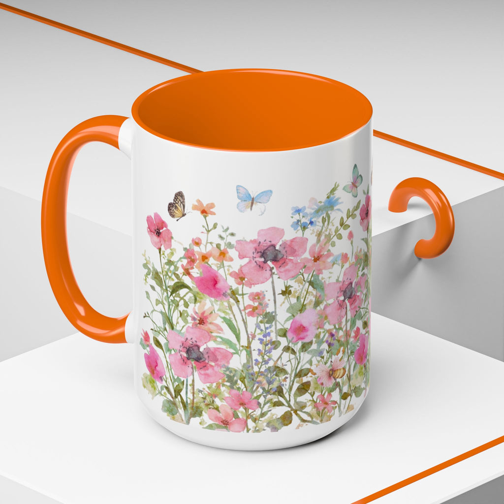 Floral Meadow Accent Coffee Mug — Pink Wildflowers & Butterflies (11oz, 15oz)