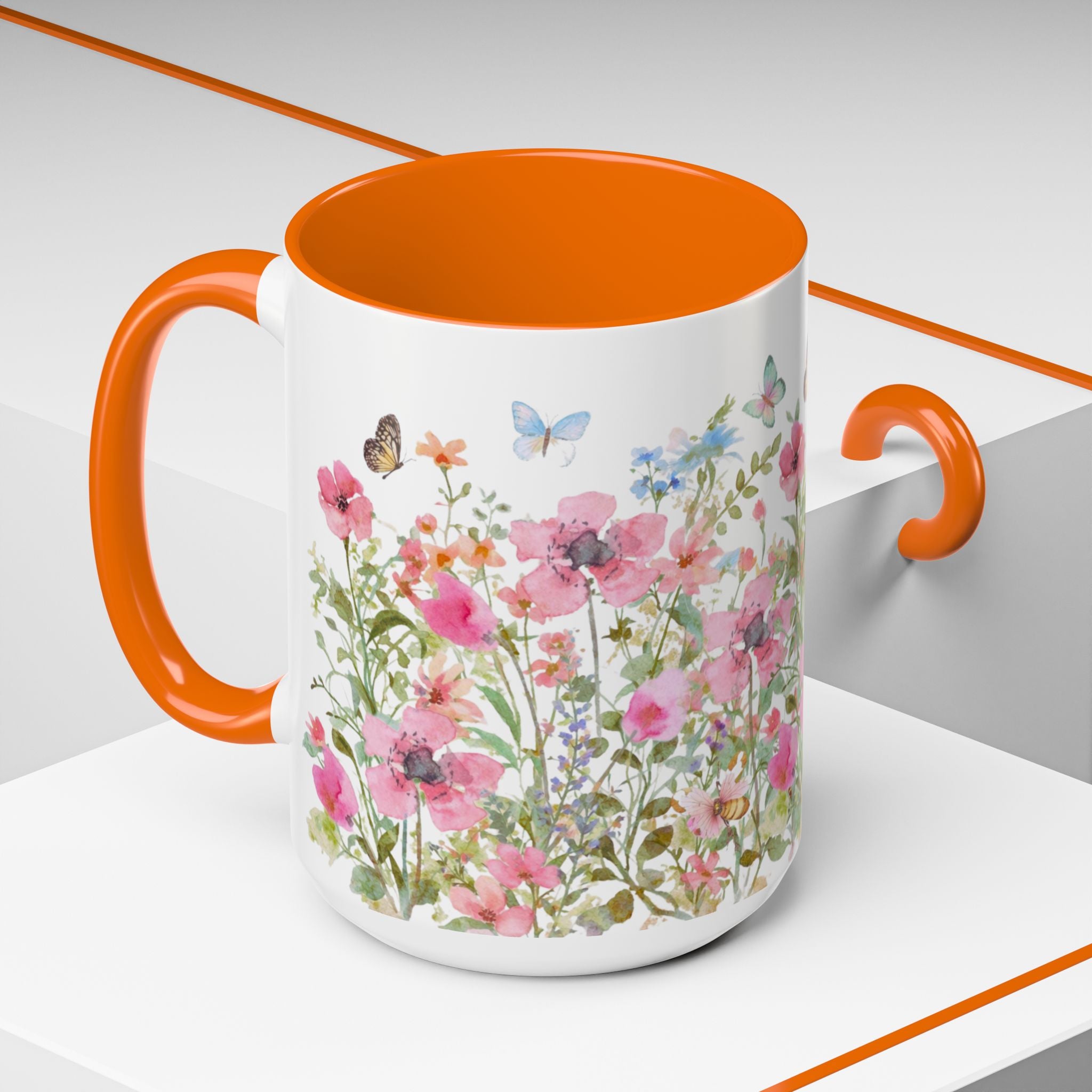 Floral Meadow Accent Coffee Mug — Pink Wildflowers & Butterflies (11oz, 15oz)