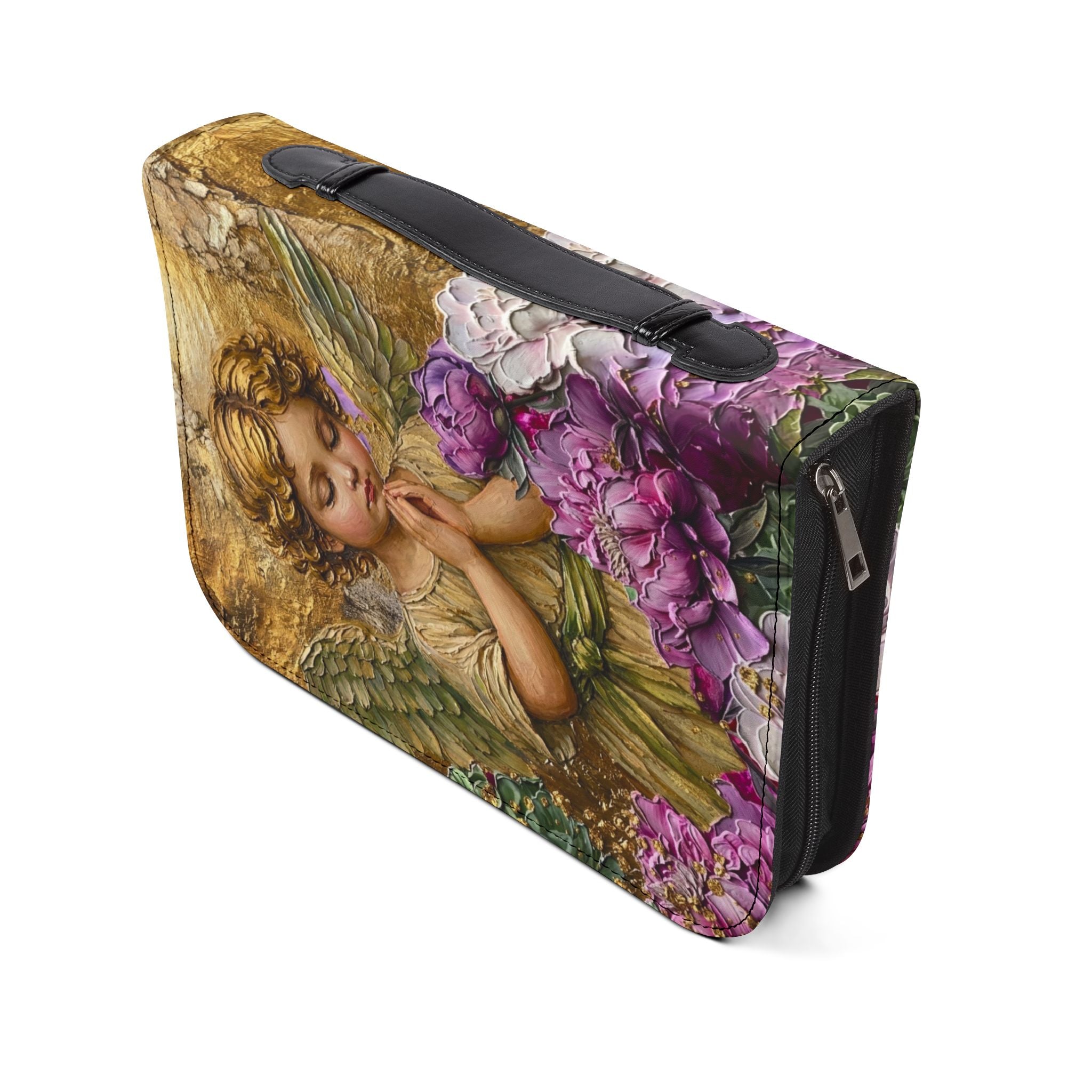 Praying Cherub with Flowers Bible Cover | Angel Artwork Zippered Case