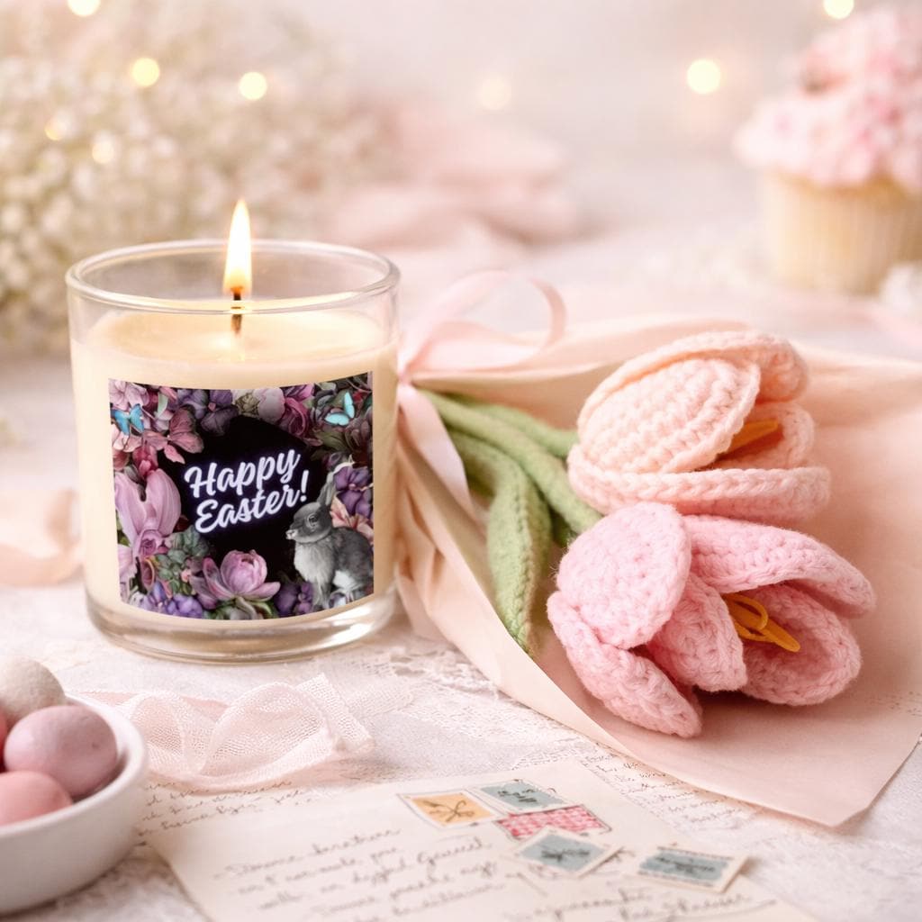 Easter Candle and Crocheted Flower Bouquet Gift Set | Soy Candle, Spring Décor