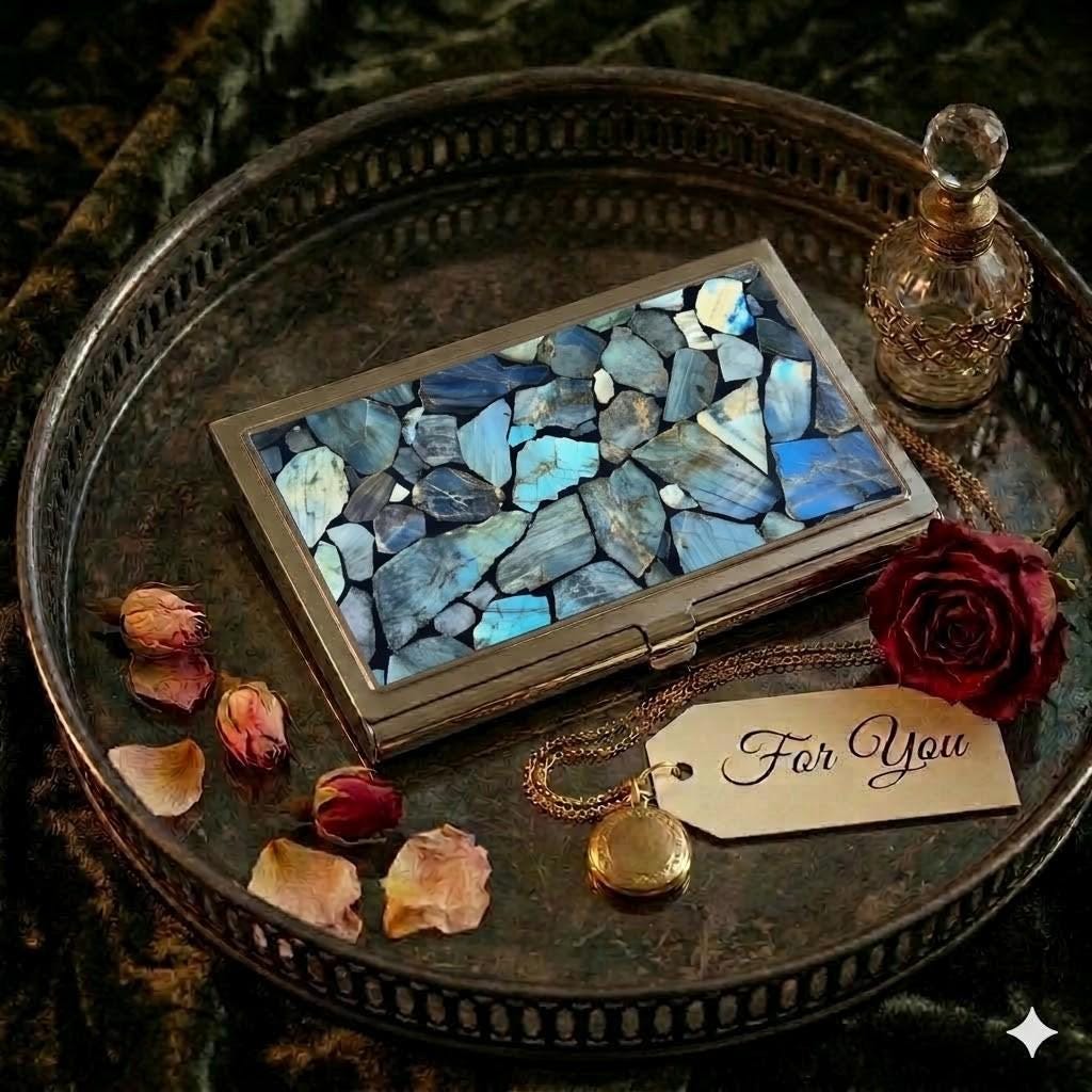 Labradorite Shards Business Card Holder | 3D Iridescent Stone Image Desk Accessory