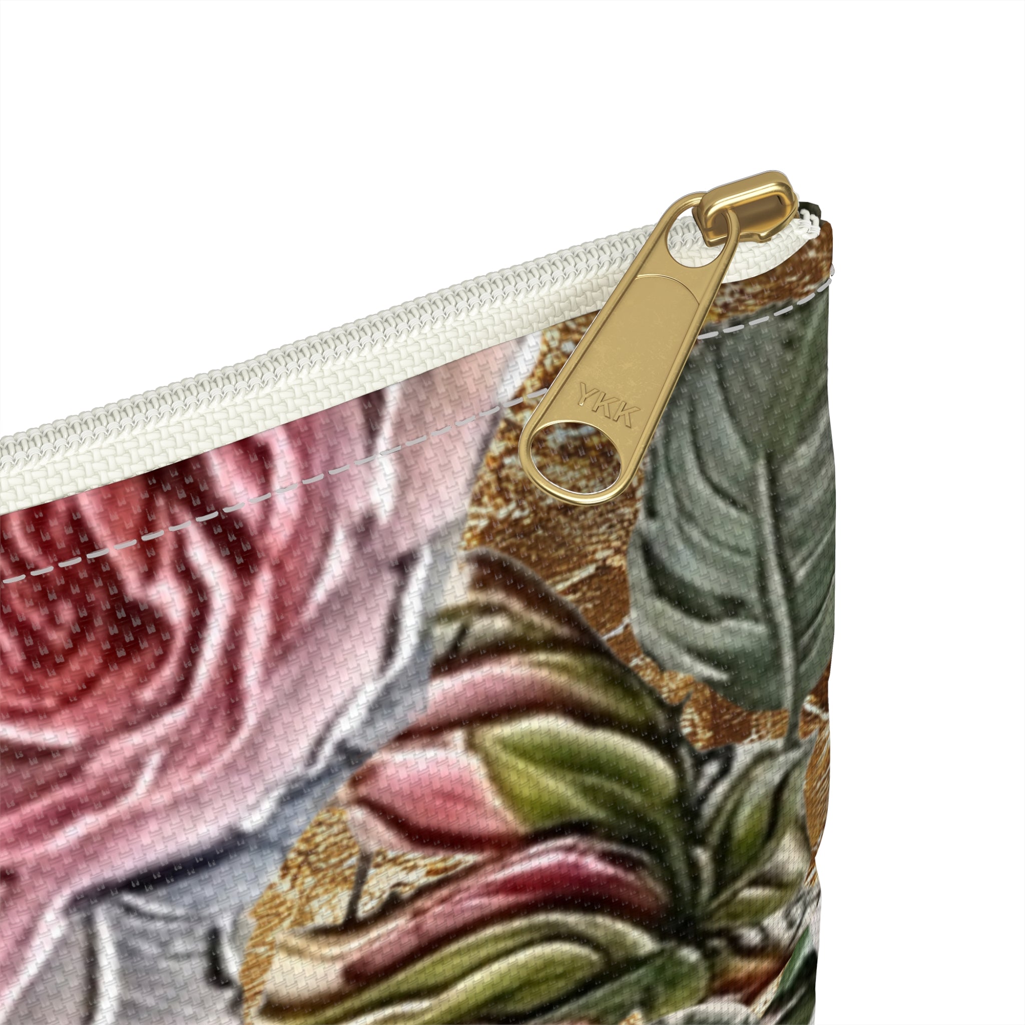 Vintage Pink Roses on Gold Marble Accessory Pouch | Floral Makeup Bag