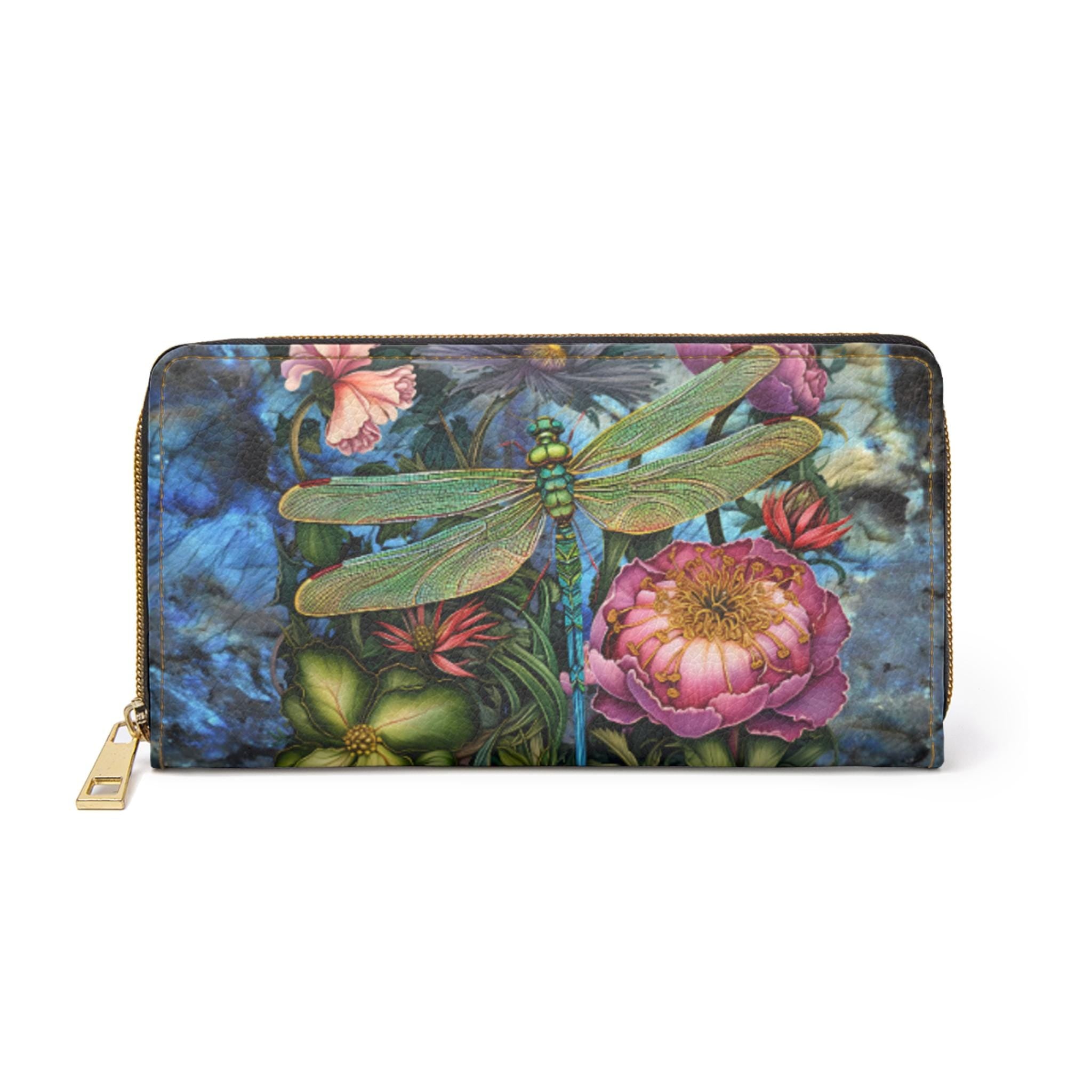 Dragonfly Print Zipper Wallet Clutch | Floral PU Leather Organizer