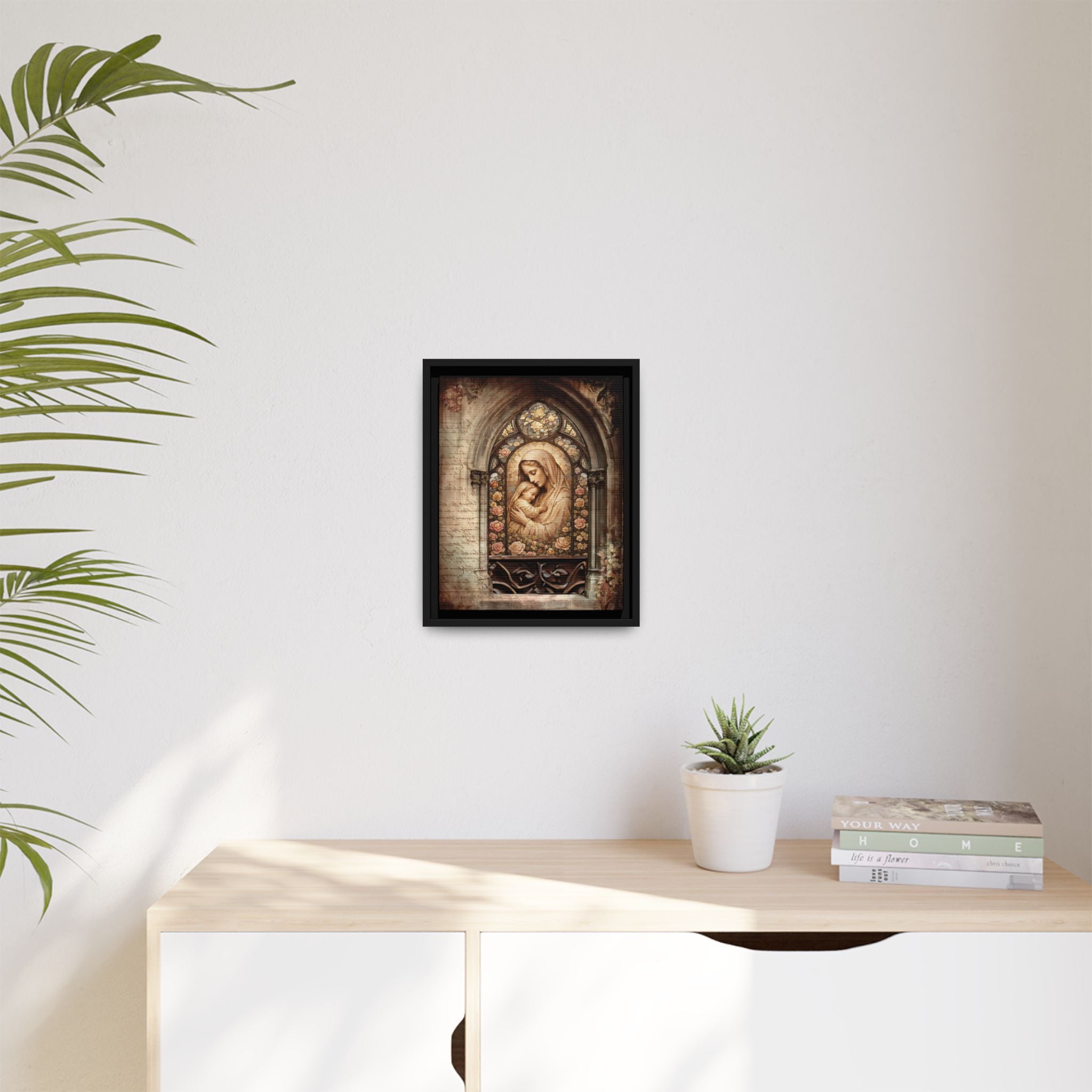 Gothic Window Madonna and Child Stained Glass Print Matte Canvas, Framed