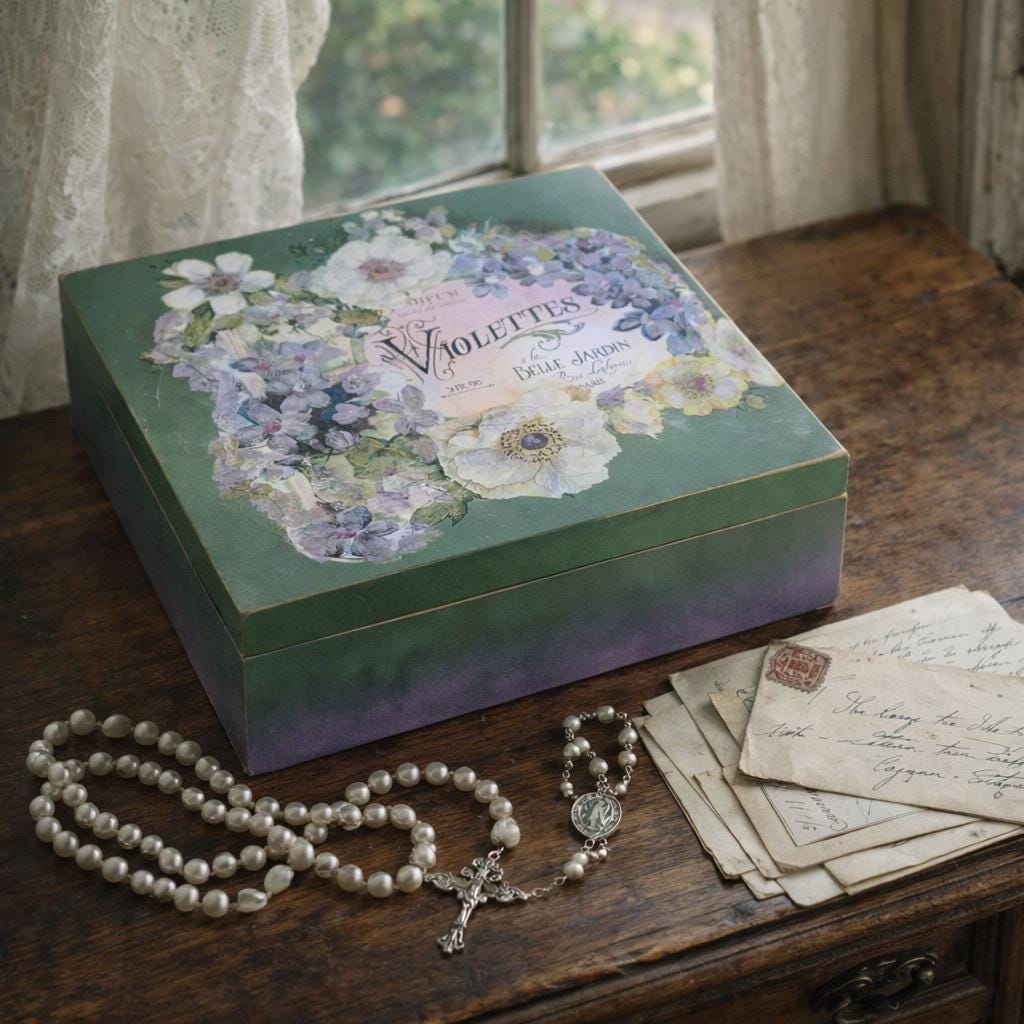 The Vintage Violette Label Keepsake Box,Jewelry chest, For Rosaries, Hankies, letters. Storage gift Box