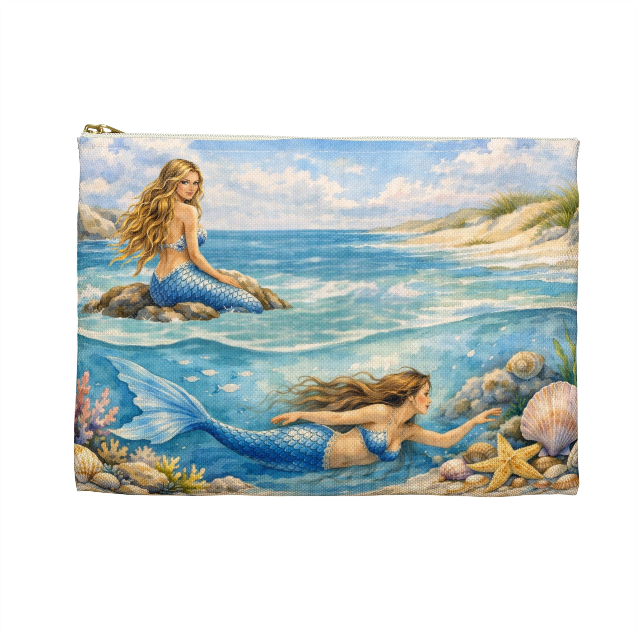 Mermaids Beach Accessory Pouch | Ocean Seashell Starfish Cosmetic Bag | Toiletry Bag for Beach Goer