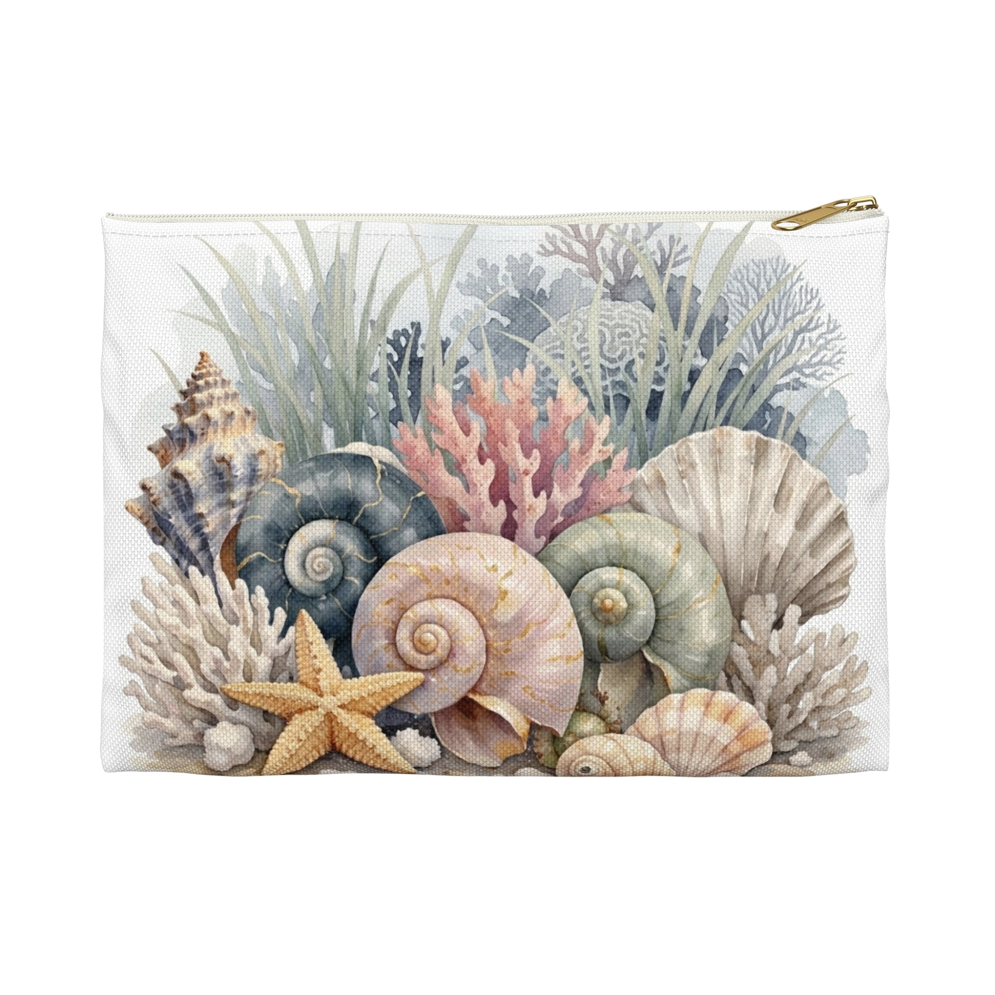Sea Shell Collage Accessory Pouch | Beach Shell Print Coin Purse | Coastal Beach Toiletry Bag