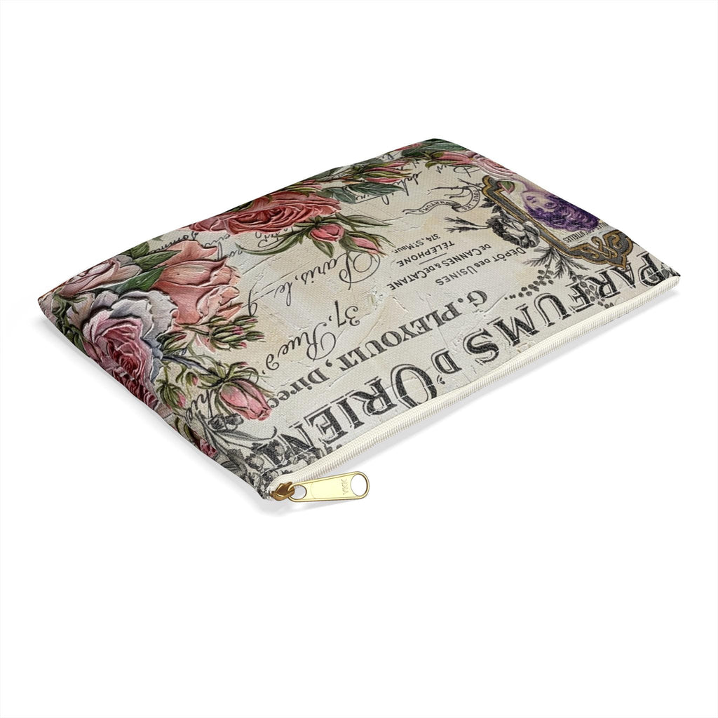 Vintage Roses Perfume Label Accessory Pouch | Floral Cosmetic Bag