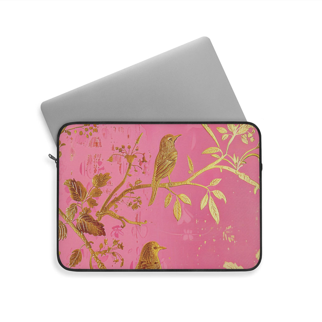 Floral Laptop Sleeve | Gold & Pink Botanical Zip Sleeve Fleece Interior | 3D Image
