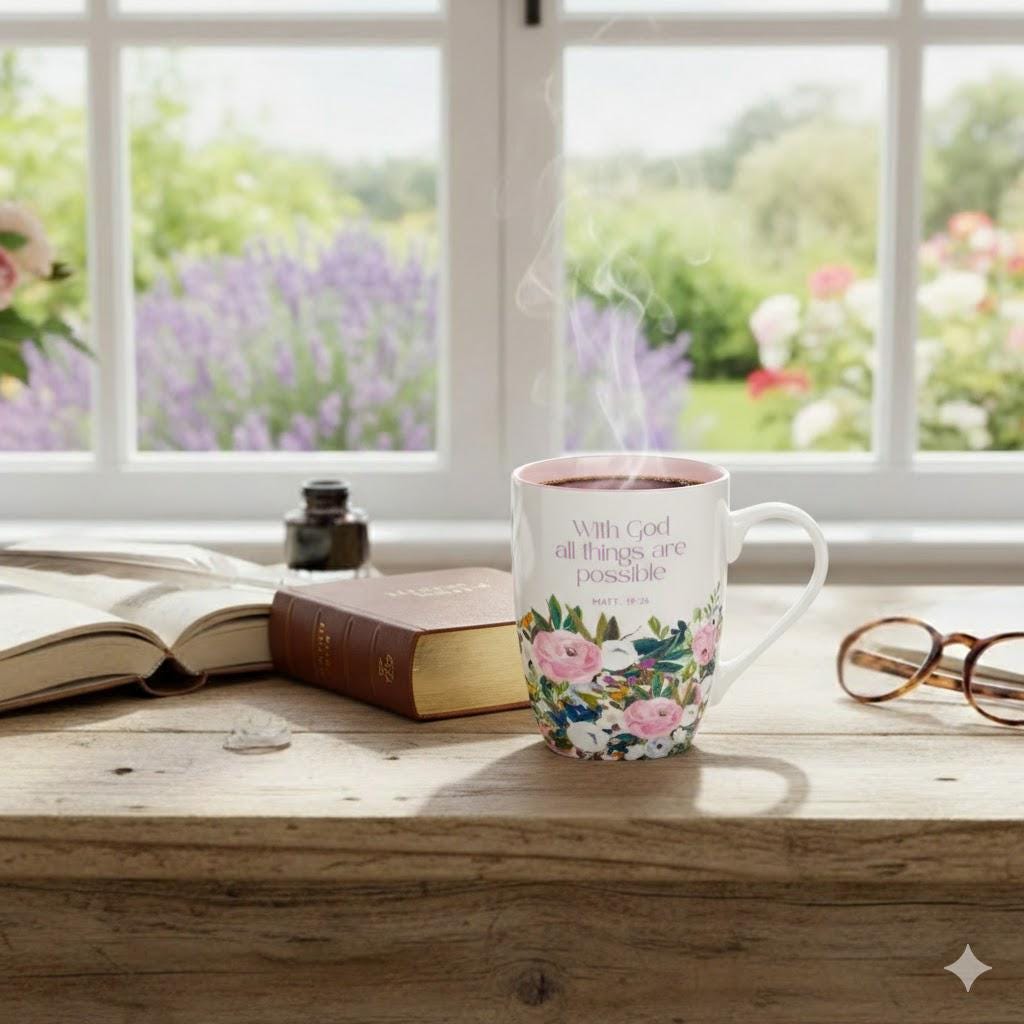 Floral Scripture Coffee Mug – Matthew 19:26 Bible Verse Ceramic Cup