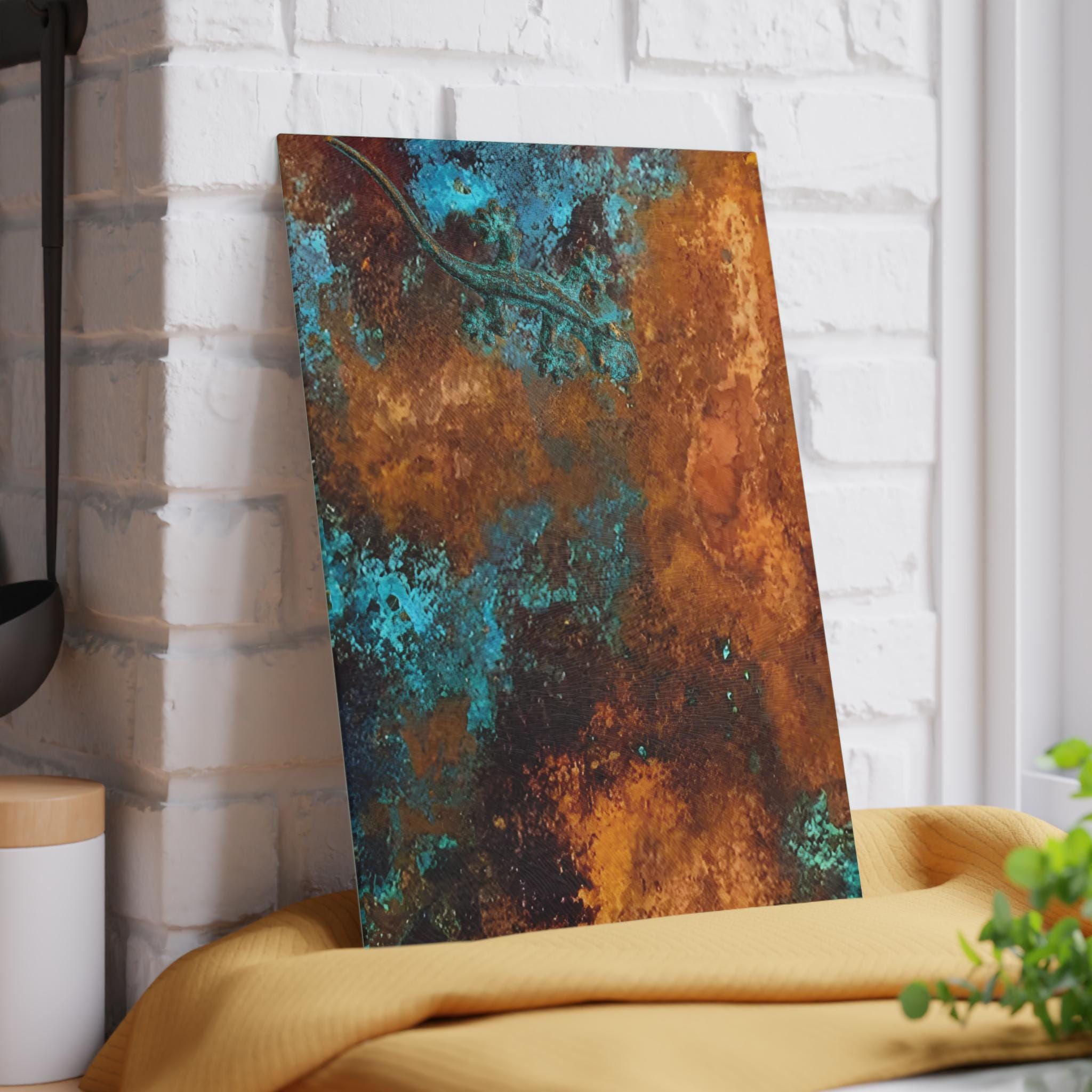Glass Cutting Board: Copper Camouflage Salamander, Verdigris Patina Kitchen Decor