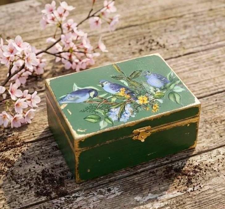 Victorian Bluebirds Bird Jewelry Box • Small Trinket Box Vintage Renewed Keepsake Chest