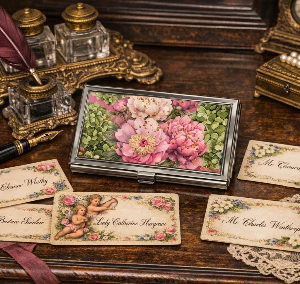 Hydrangea Peony Floral Business Card Holder | Victorian Calling Card Case