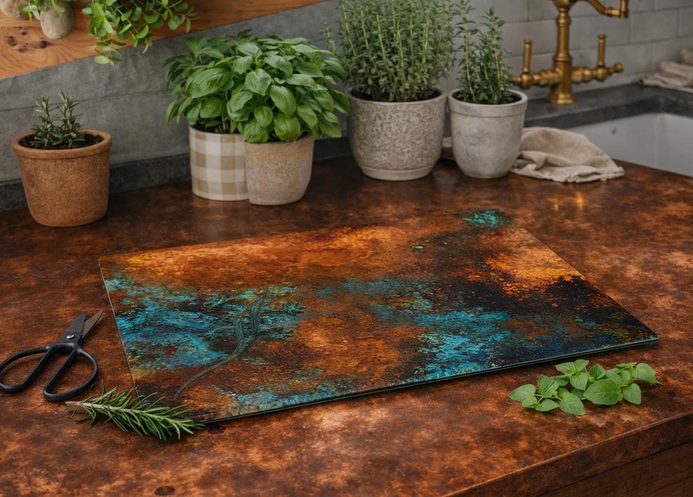 Glass Cutting Board: Copper Camouflage Salamander, Verdigris Patina Kitchen Decor
