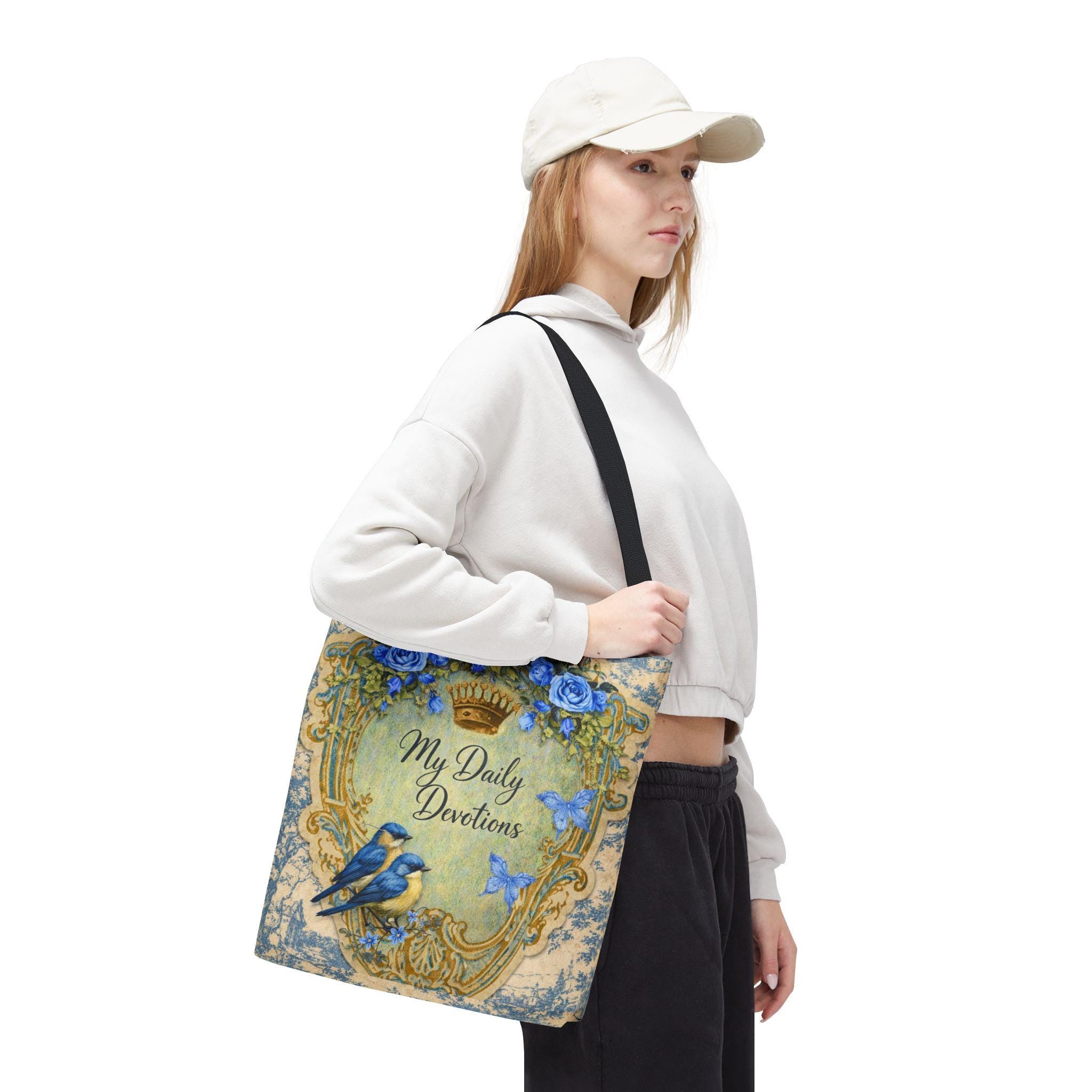 My Daily Devotions Tote Bag | Bluebird Floral Scripture Design Bible Study Accessory