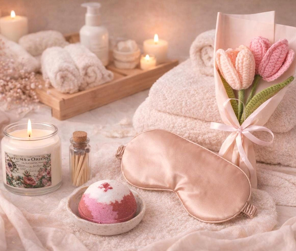 Mother’s Day Serenity Gift Set: Sage Candle, Bath Bomb, Sleep Mask, Crochet Bouquet