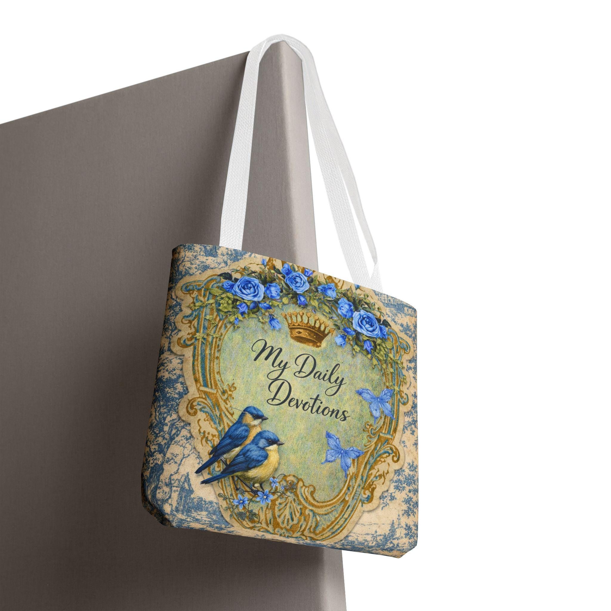 My Daily Devotions Tote Bag | Bluebird Floral Scripture Design Bible Study Accessory