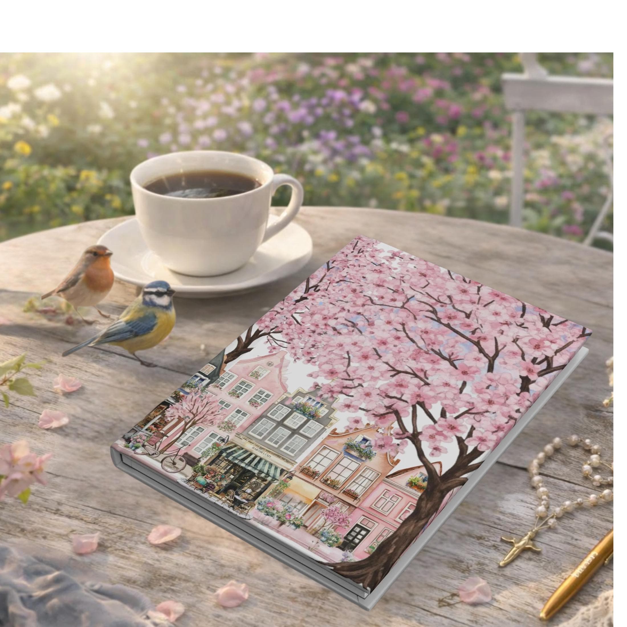 Cherry Blossom Street Scene Hardcover Journal | Sakura Trees & Painted Ladies