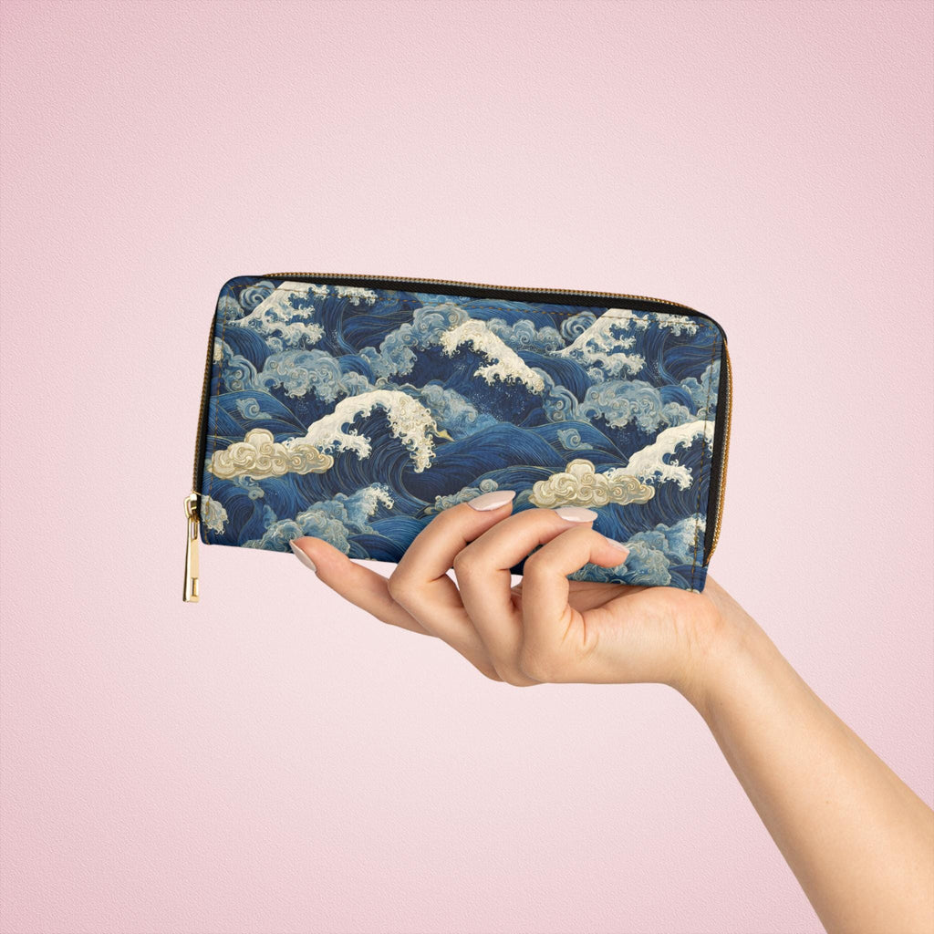 Japanese Wave Art Zipper Wallet, Bold Sumi e Ocean Clutch Accessory