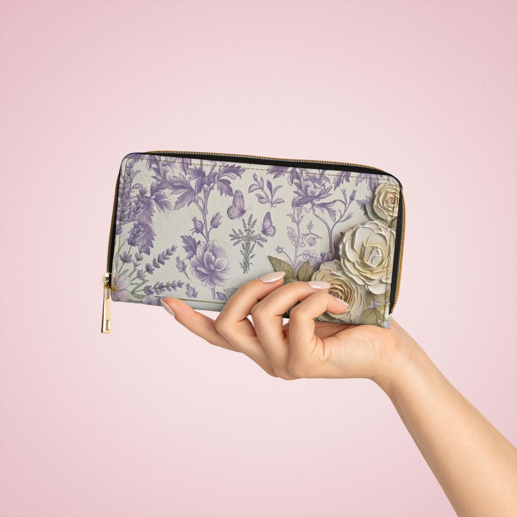 Lavender Toile Cream Impasto Florals Zipper Wallet | Floral Clutch Purse