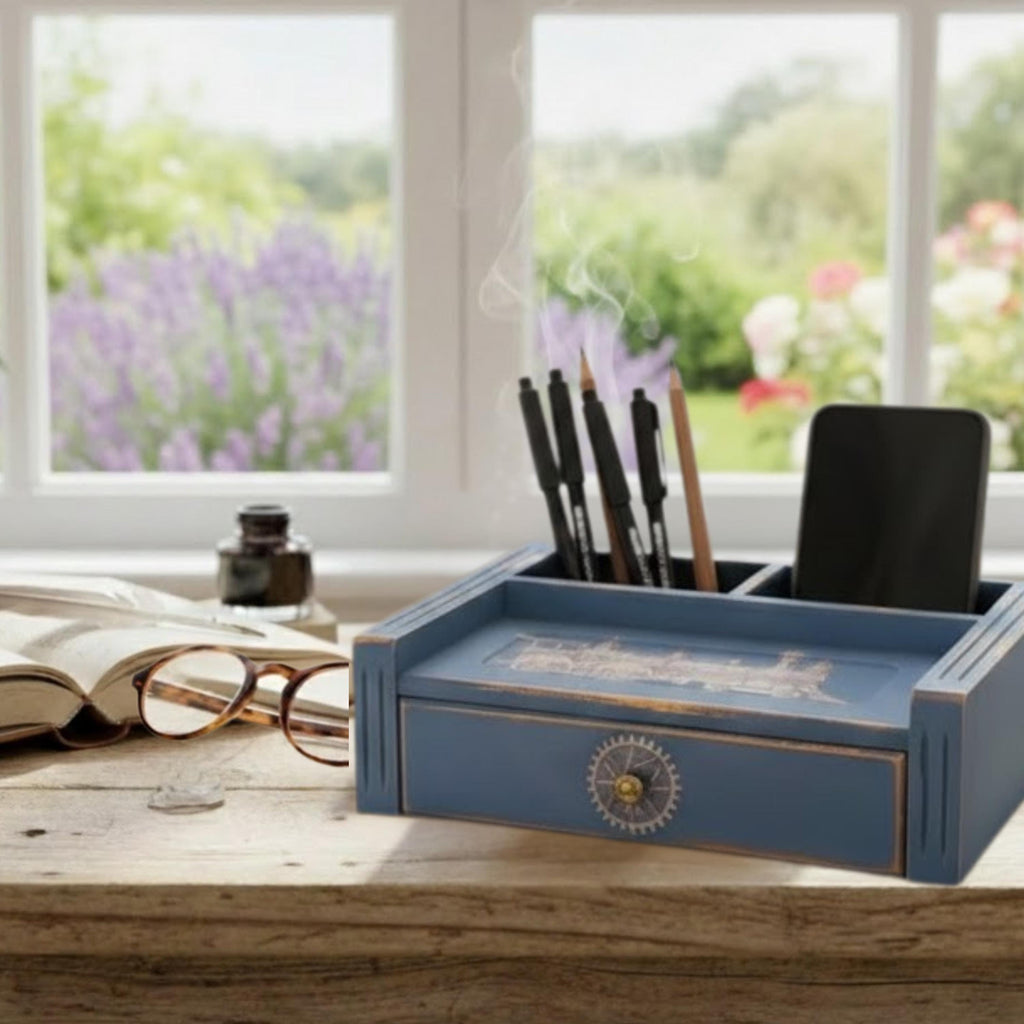 Rustic Blue Dresser Valet, Distressed Wood Jewelry Box with Train