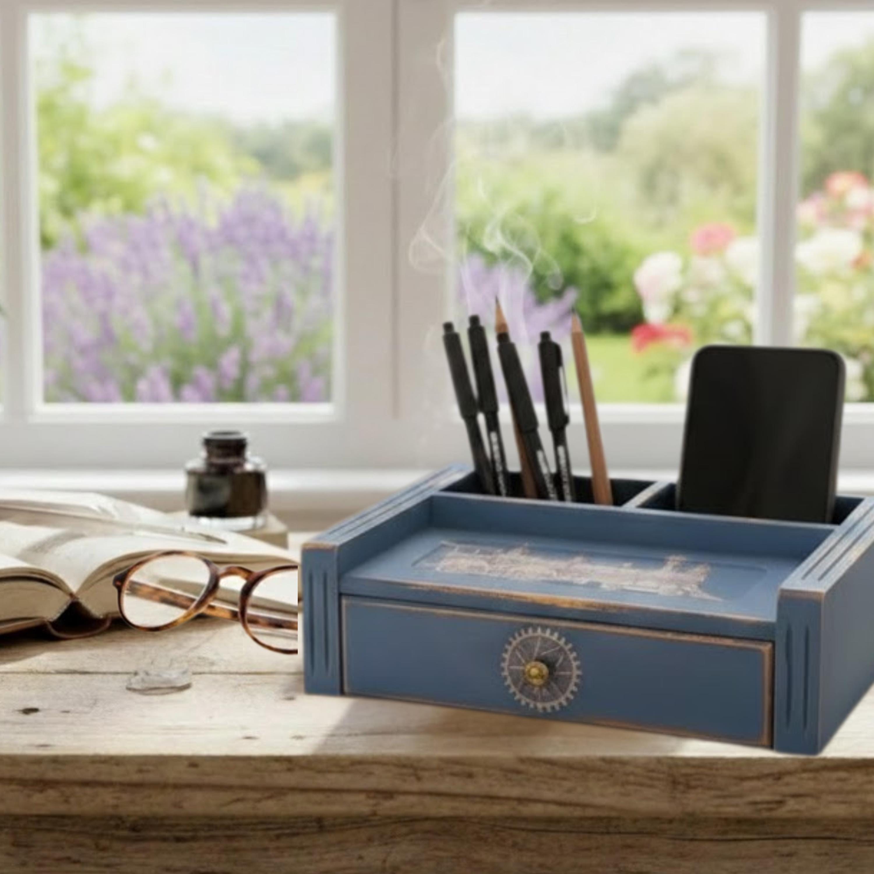 Rustic Blue Dresser Valet, Distressed Wood Jewelry Box with Train