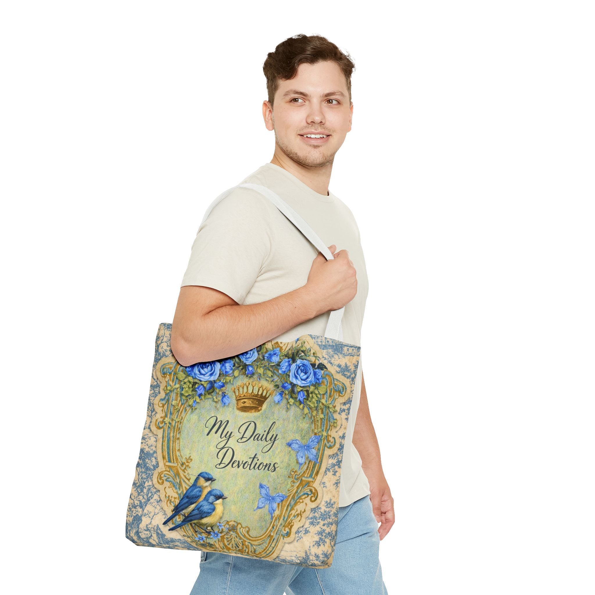 Daily Devotions Tote Bag | Bluebird Toile Bible Study Accessory | Christian Shoulder Bag