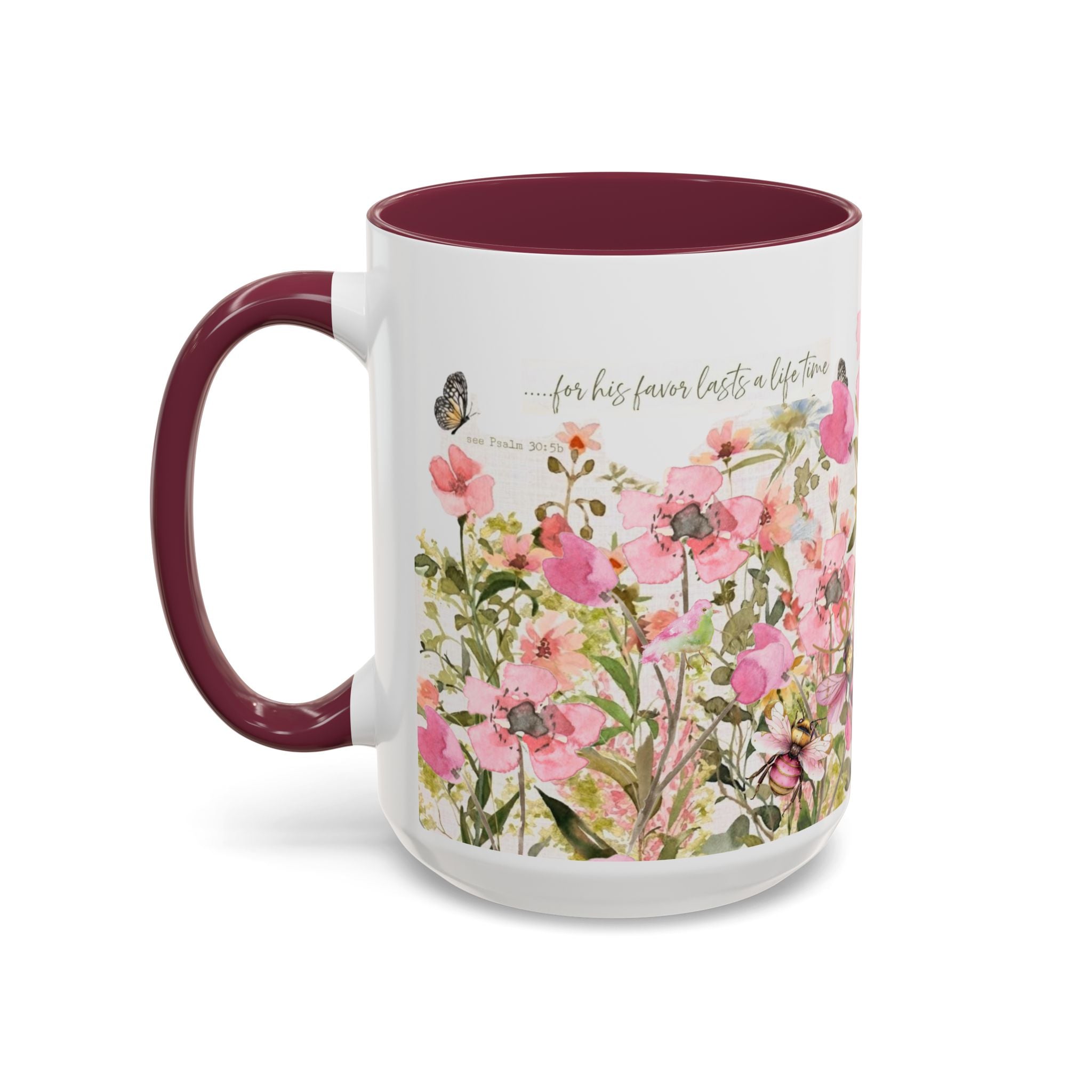 Pink Watercolor Wildflowers Mug | Butterfly Accent Scripture Coffee Cup Gift for Her