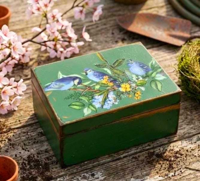 Victorian Bluebirds Bird Jewelry Box • Small Trinket Box Vintage Renewed Keepsake Chest
