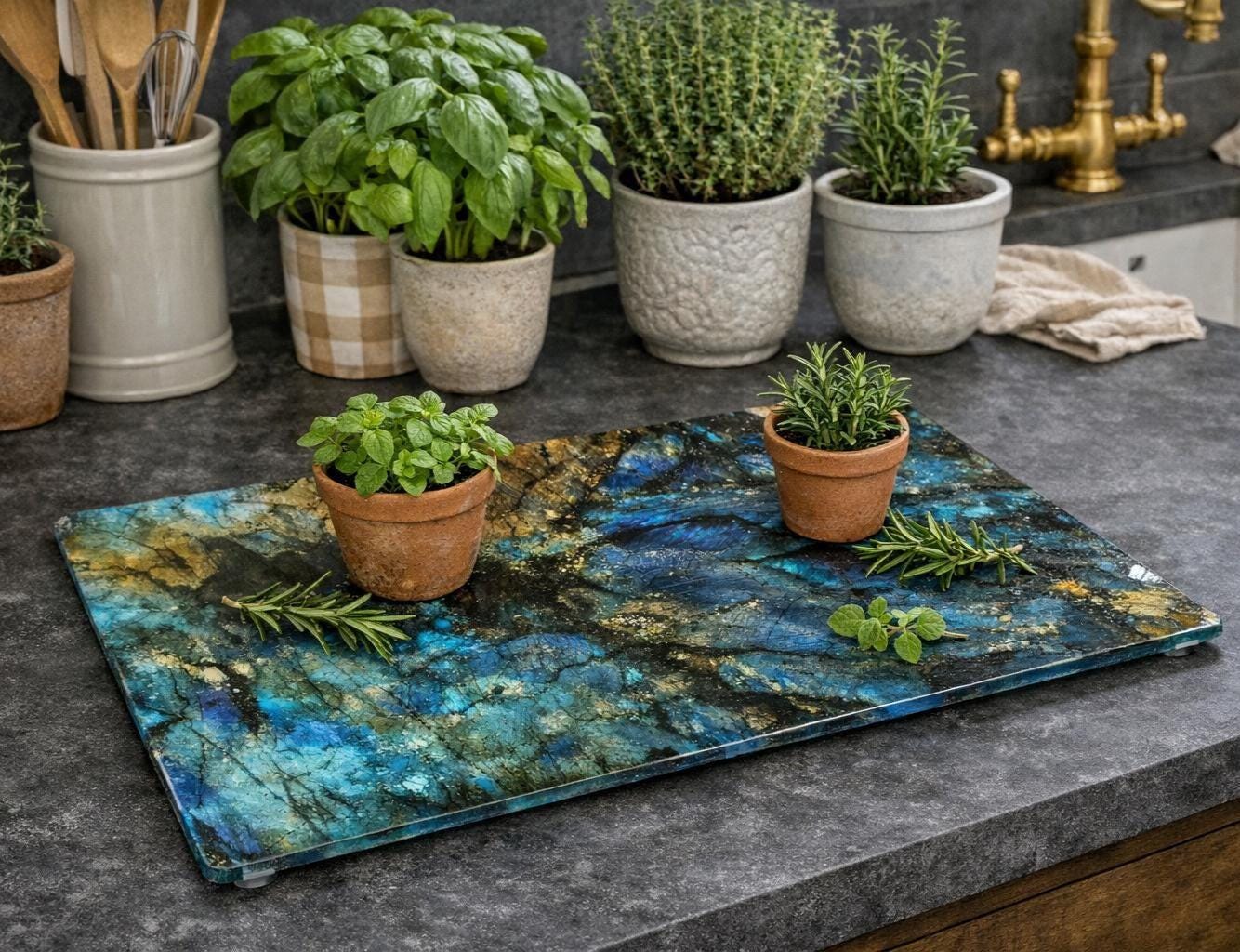 Blue Labradorite Glass Cutting Board • Iridescent Kitchen Decor (Tempered Glass)