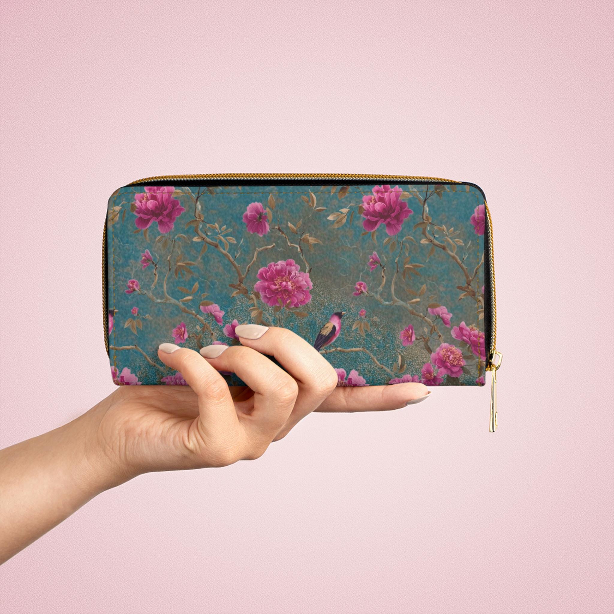 Vintage Sakura Trees Floral Zipper Wallet, Botanical PU Leather Accessory