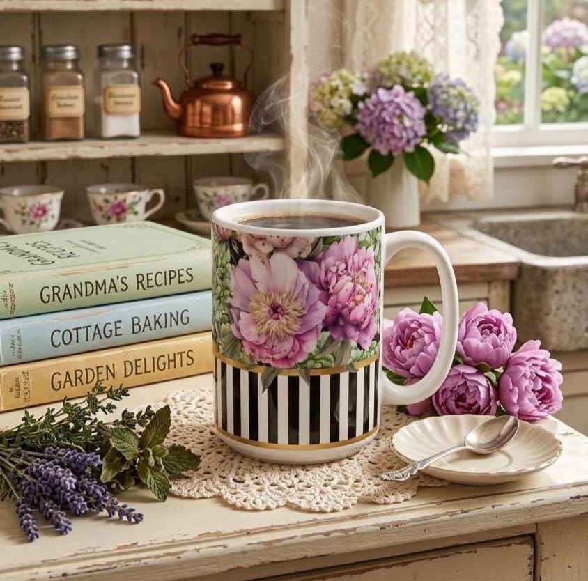 Pink Peonies with Hydrangea 15 oz Mug | Black White Stripe Accent | Victorian Botanical CUP