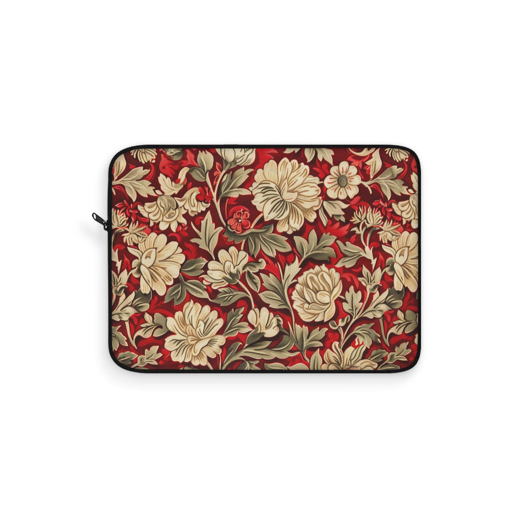 Vintage William Morris Floral Laptop Sleeve | Red Cream Botanical Zip Sleeve Fleece Interior