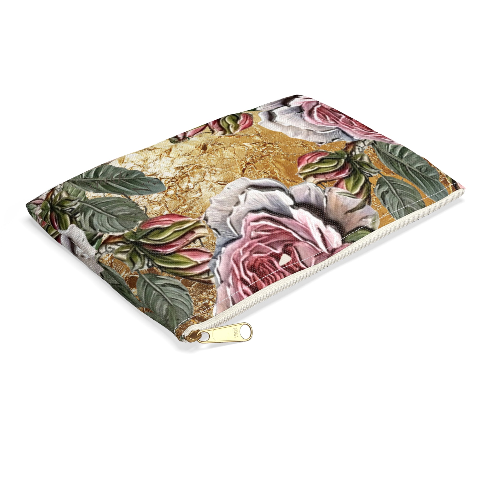 Vintage Pink Roses on Gold Marble Accessory Pouch | Floral Makeup Bag