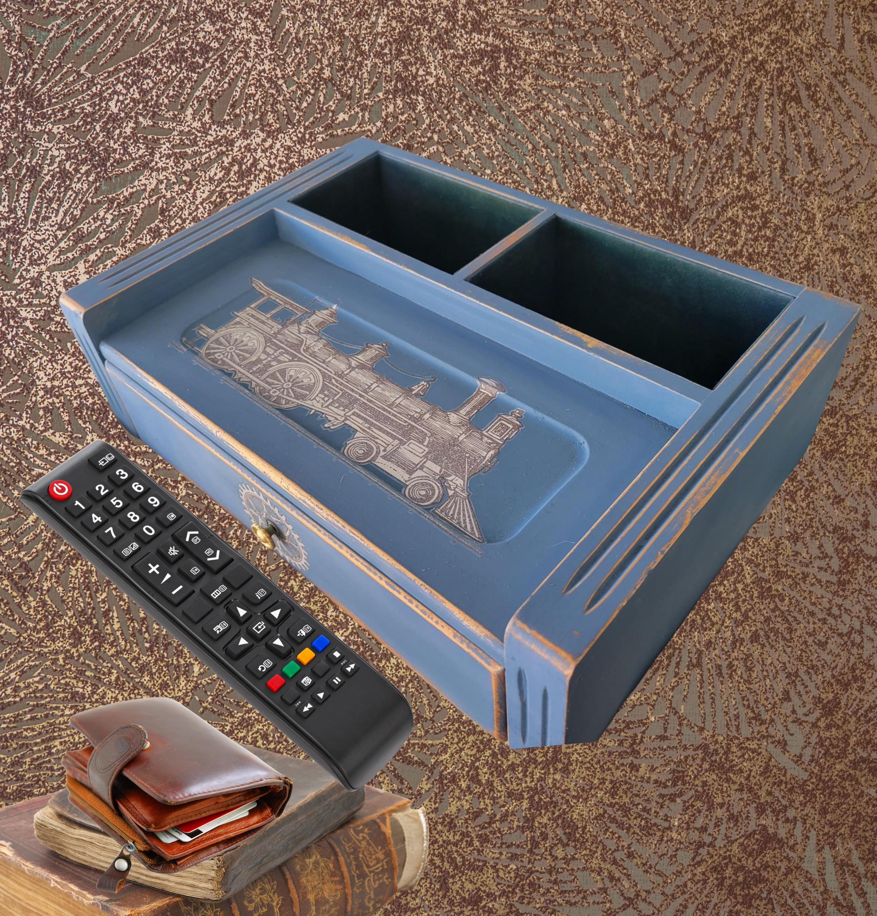 Rustic Blue Dresser Valet, Distressed Wood Jewelry Box with Train