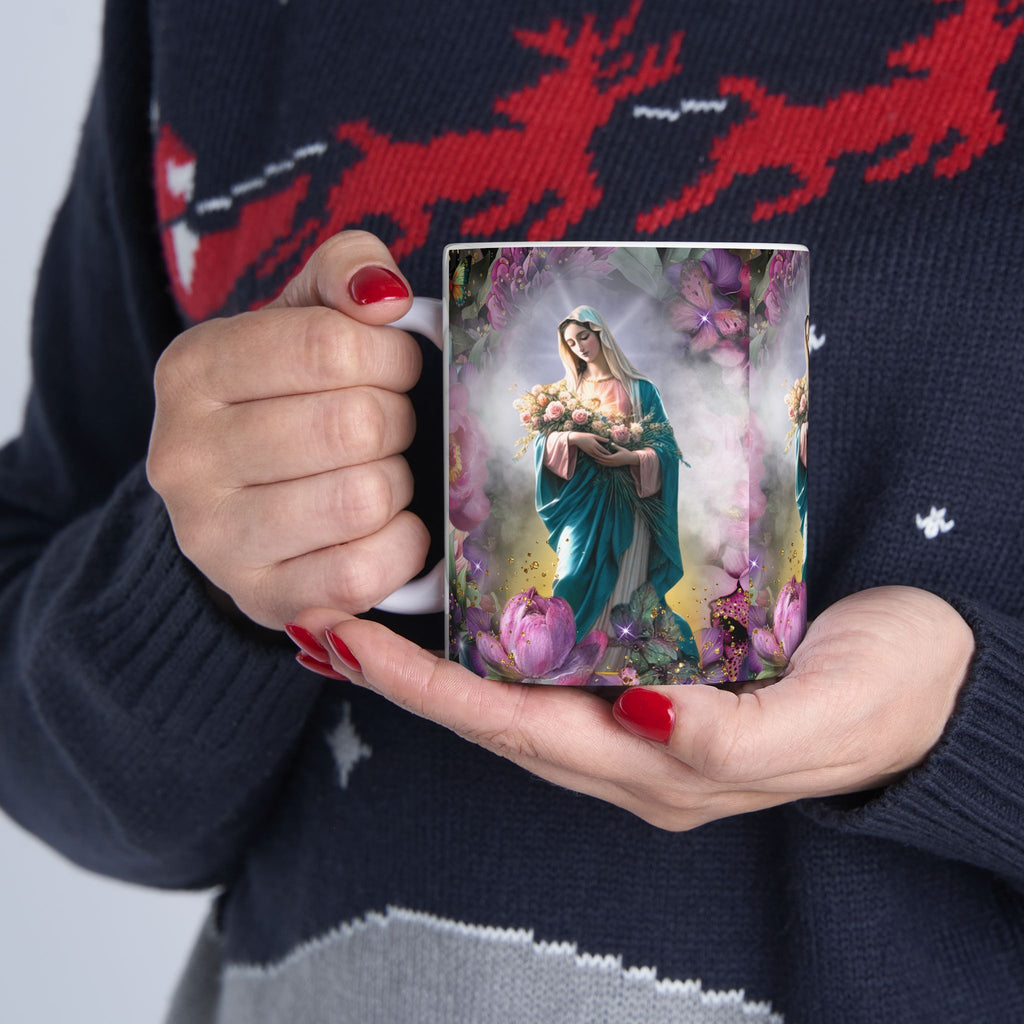 Virgin Mary Bouquet Mug | Religious Floral Coffee Cup