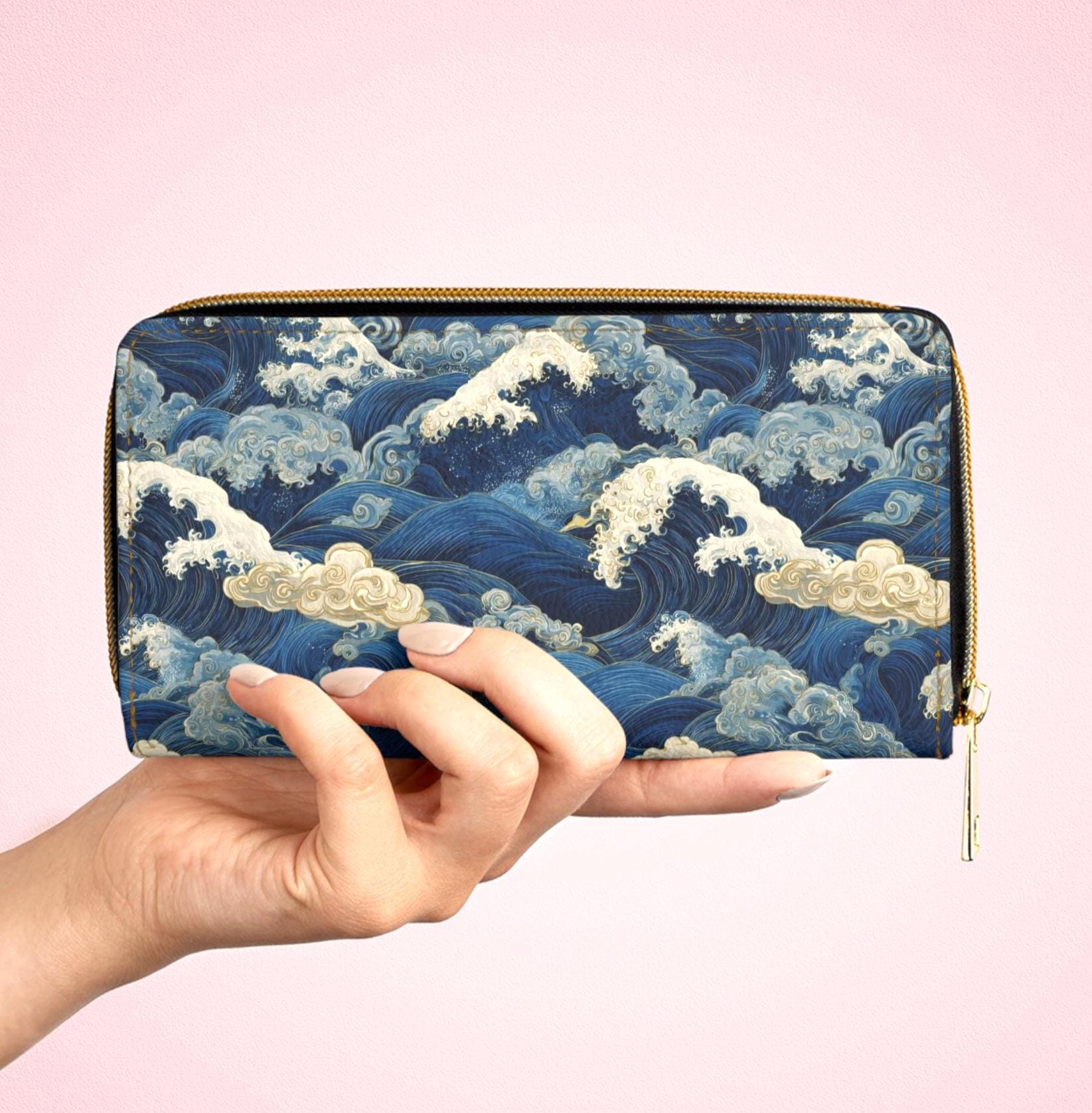 Japanese Wave Art Zipper Wallet, Bold Sumi e Ocean Clutch Accessory