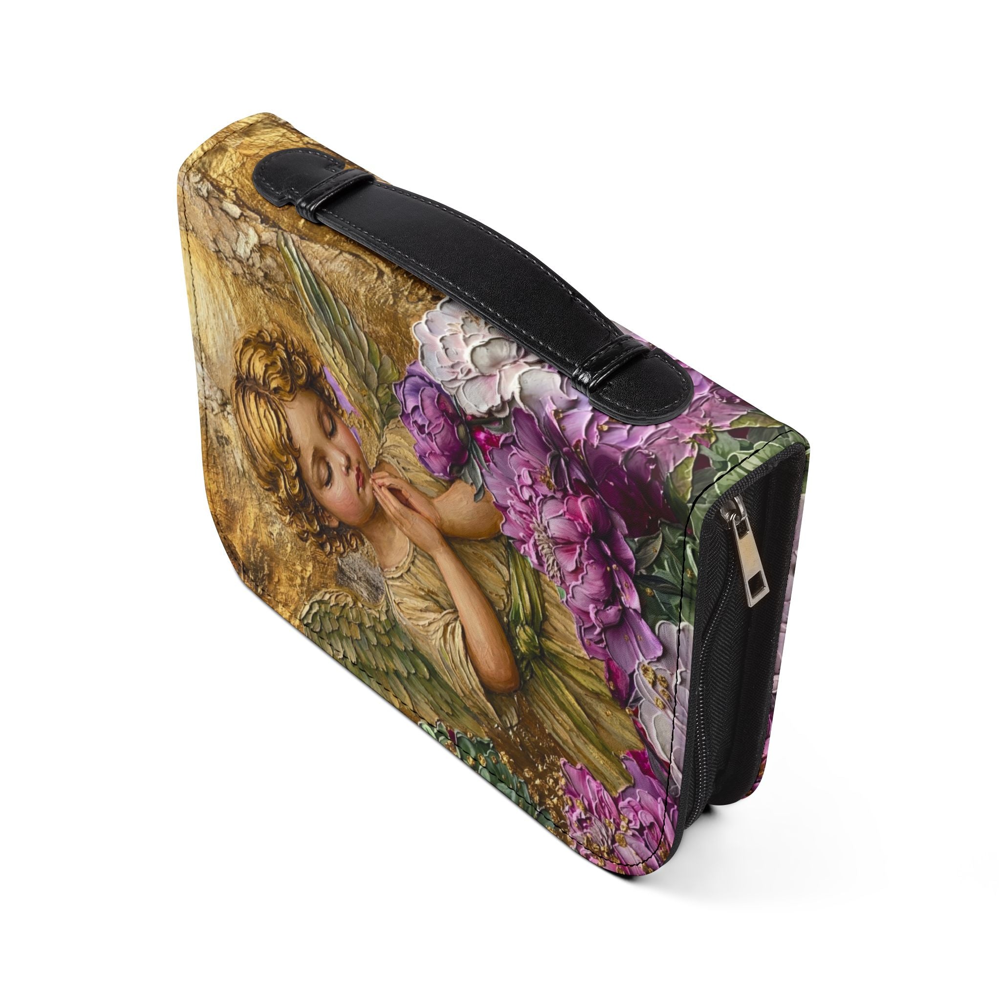Praying Cherub with Flowers Bible Cover | Angel Artwork Zippered Case