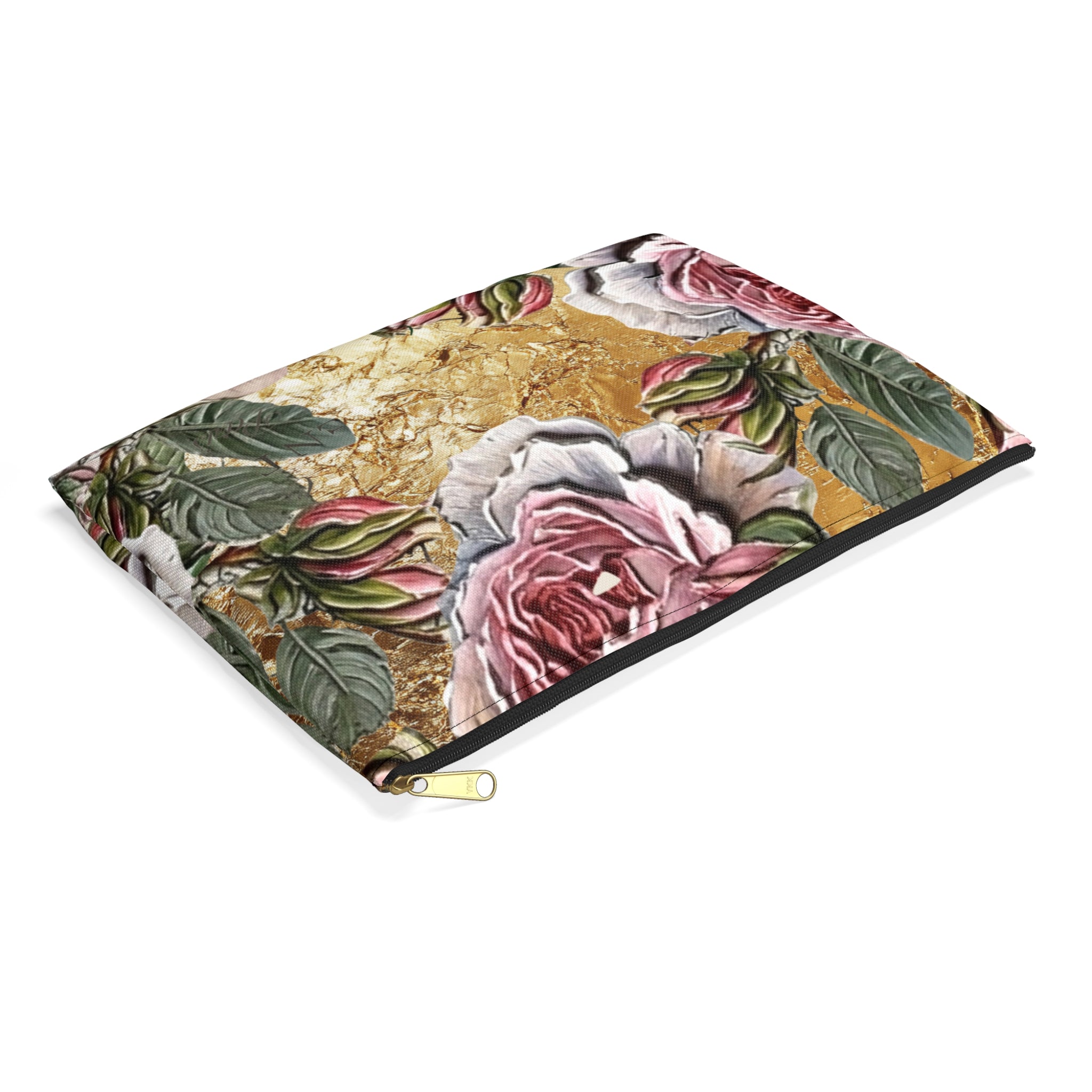 Vintage Pink Roses on Gold Marble Accessory Pouch | Floral Makeup Bag