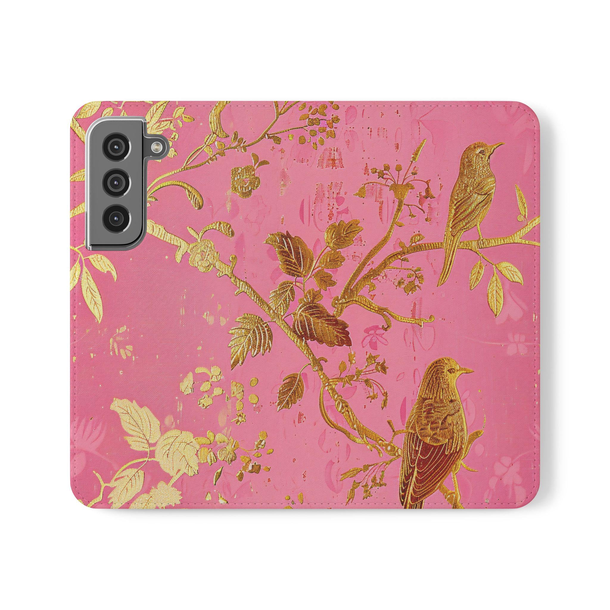 Floral Birds Faux Leather Phone Wallet Case Elegant Bookish Flip Case with Card Slots