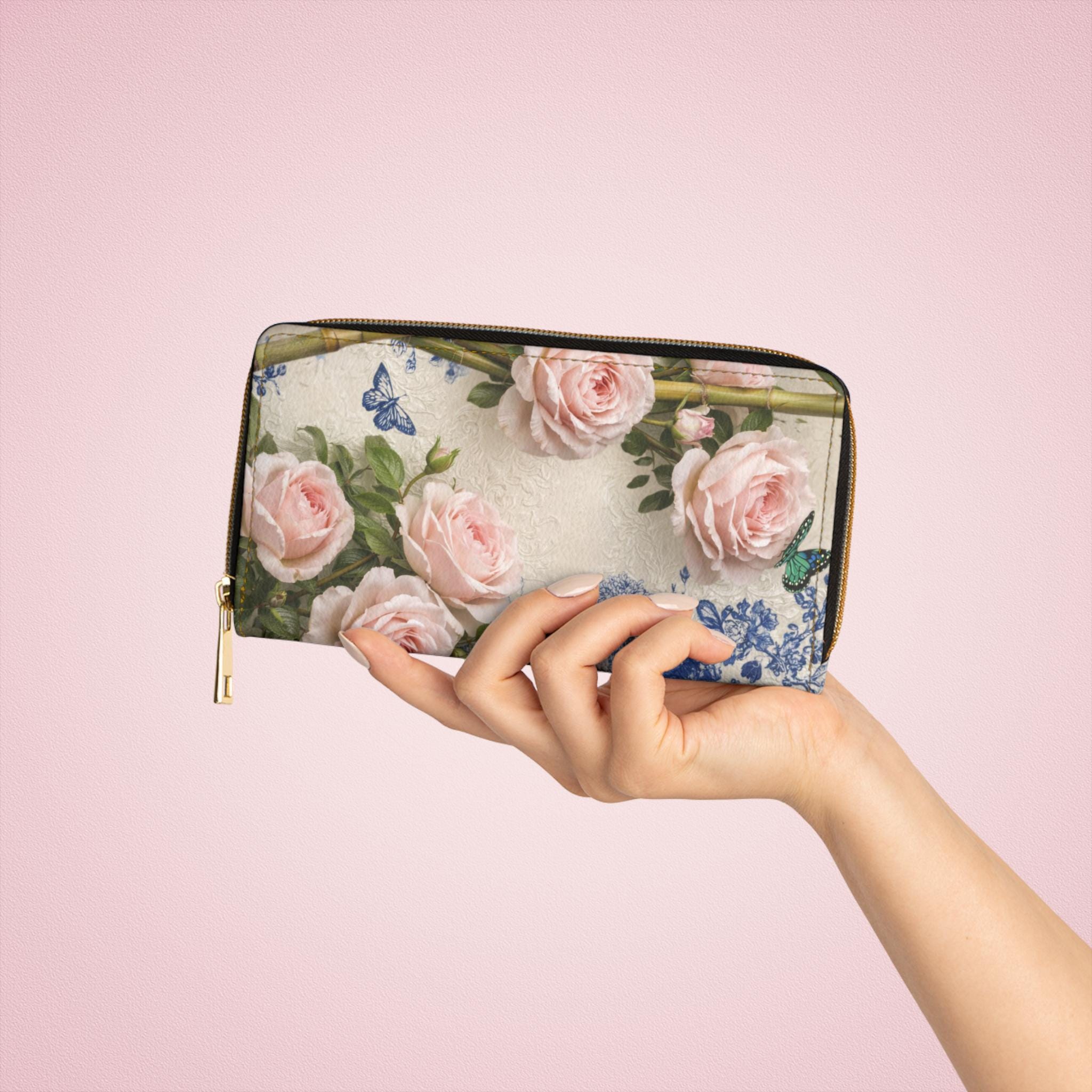 Pink Rose Bouquet Zipper Wallet | Floral Butterflies, Vintage Garden