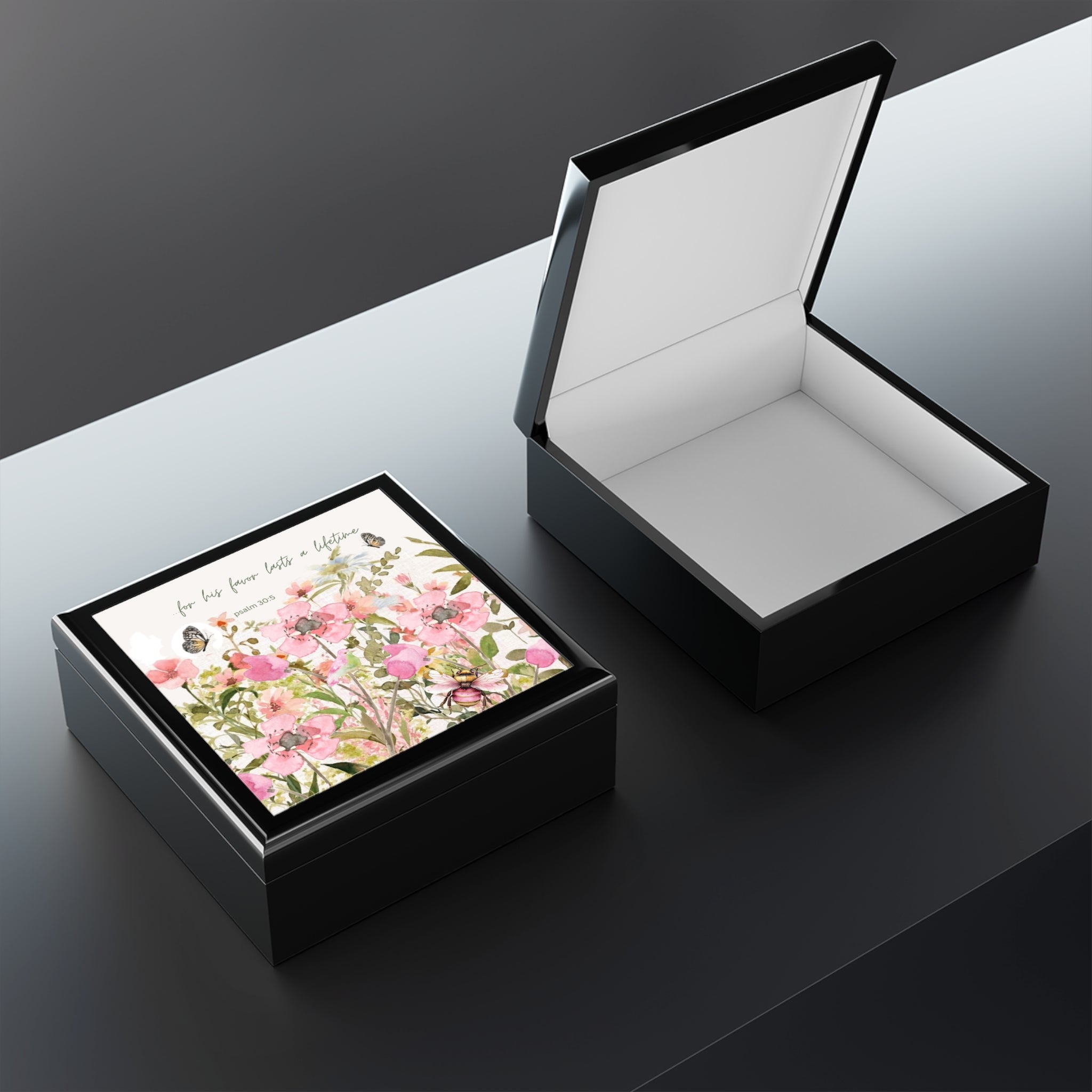 Pink Watercolor Wildflowers Jewelry Box | Psalm 30:5 Floral Keepsake