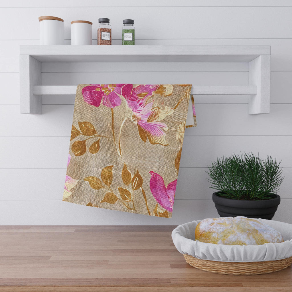 Golden Fiber Floral Vine Tea Towel | Pink Botanical Kitchen Towel